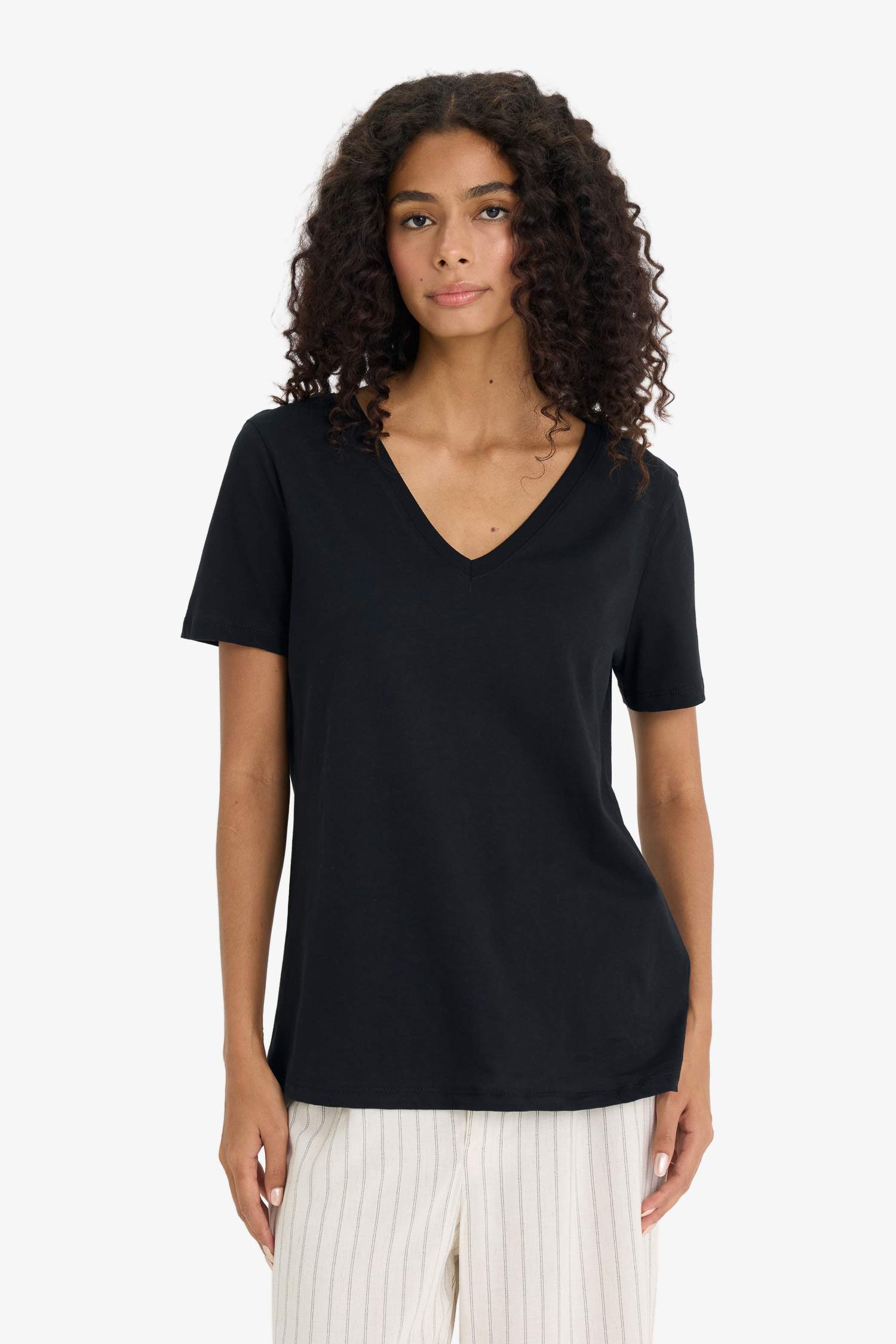 Regular Fit V Yaka Basic Düz Penye Kısa Kollu Tişört