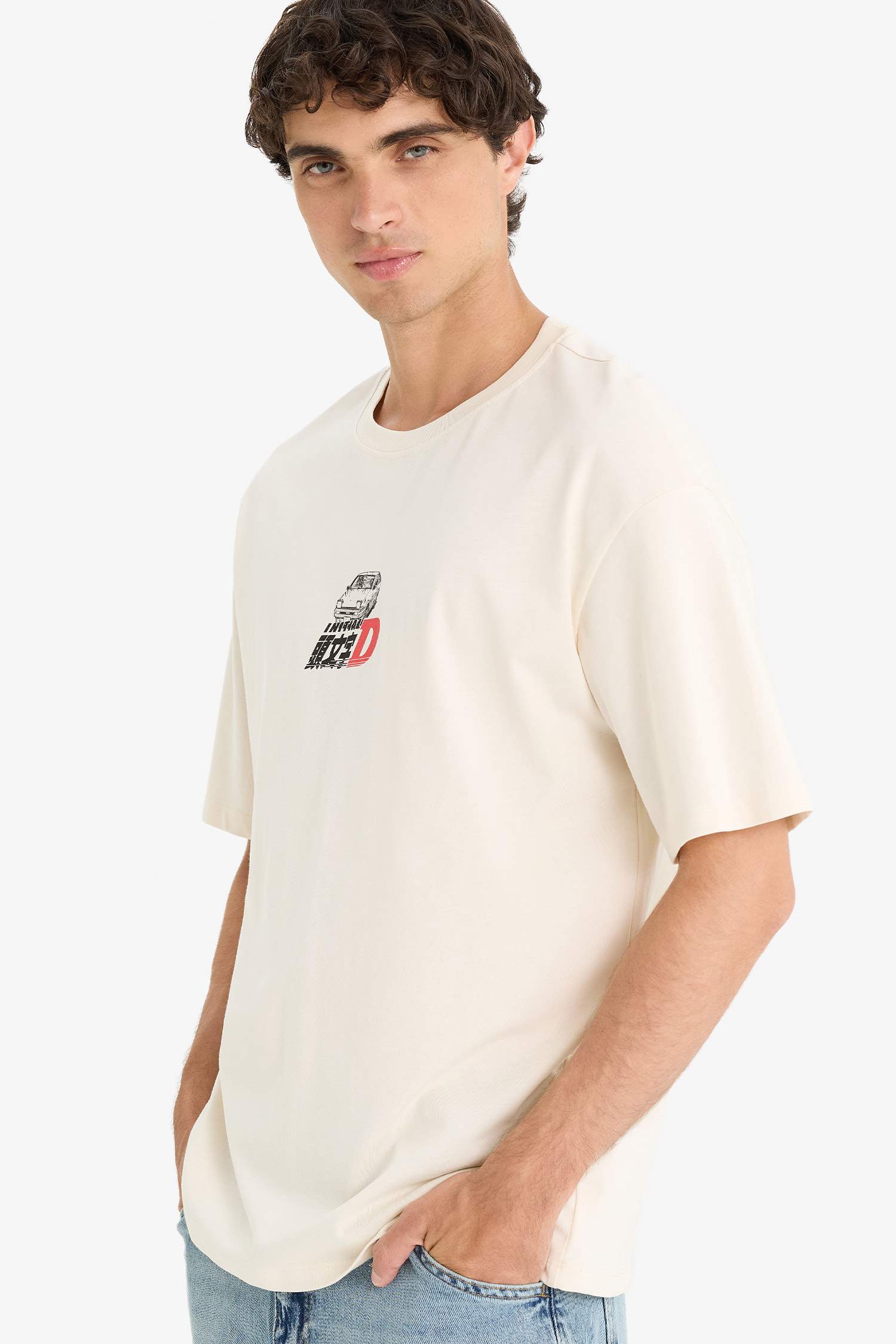 %100 Pamuk Initial D Boxy Fit Bisiklet Yaka Kısa Kollu Tişört