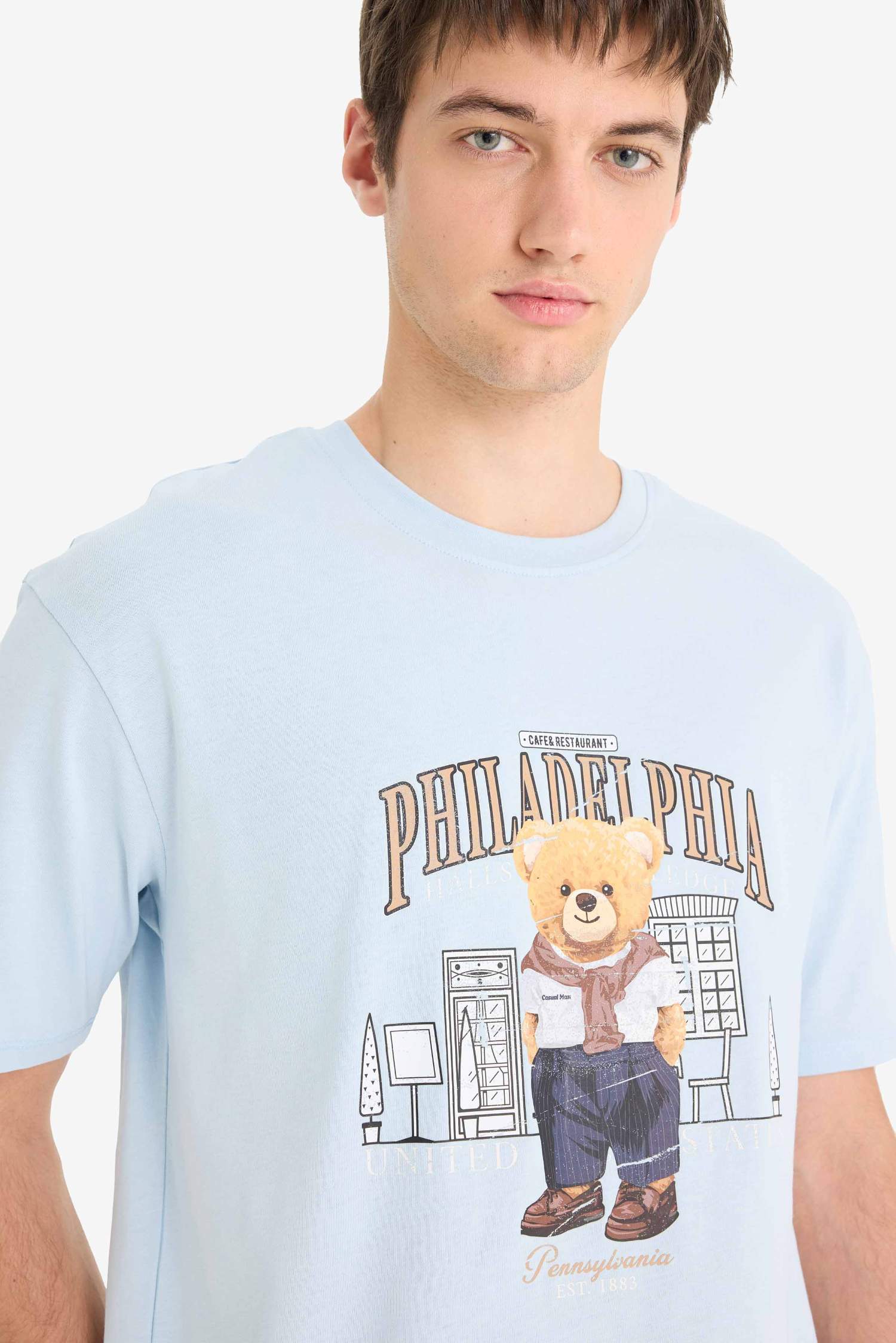 %100 Pamuk Boxy Fit Bisiklet Yaka Baskılı Kısa Kollu Tişört