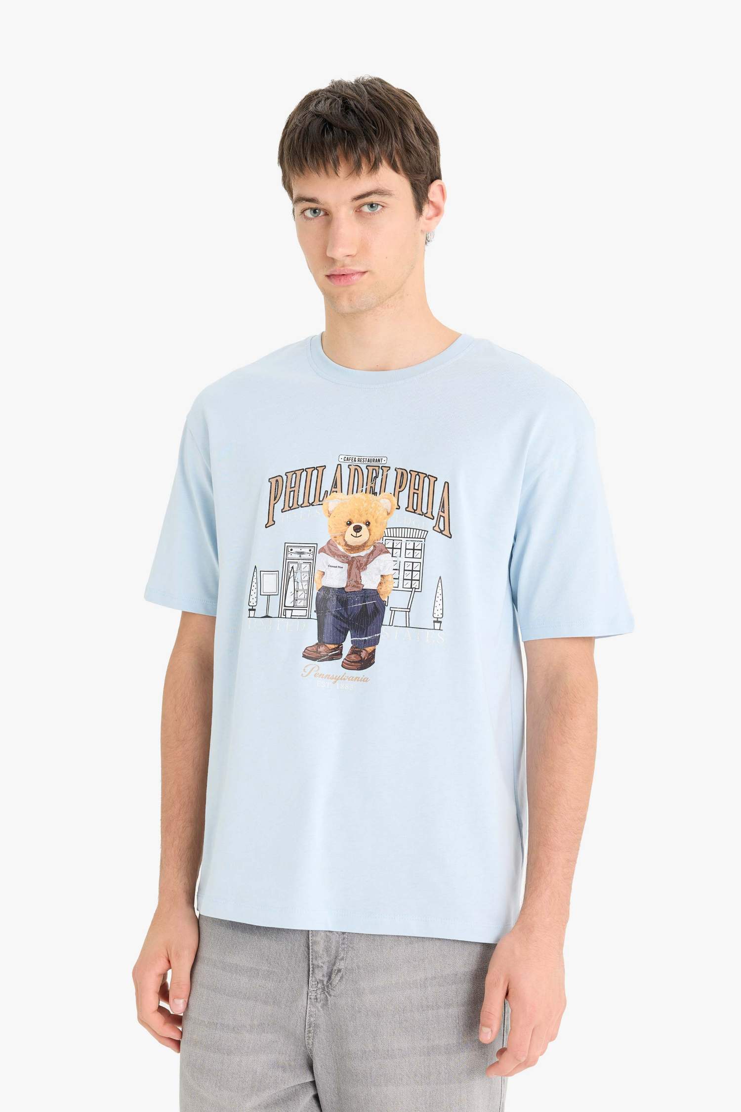 %100 Pamuk Boxy Fit Bisiklet Yaka Baskılı Kısa Kollu Tişört