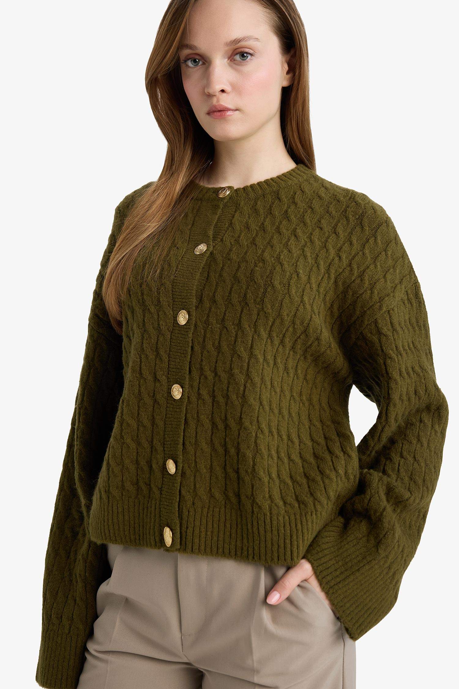 Relaxed Fit Round Neck Knit Cardigan