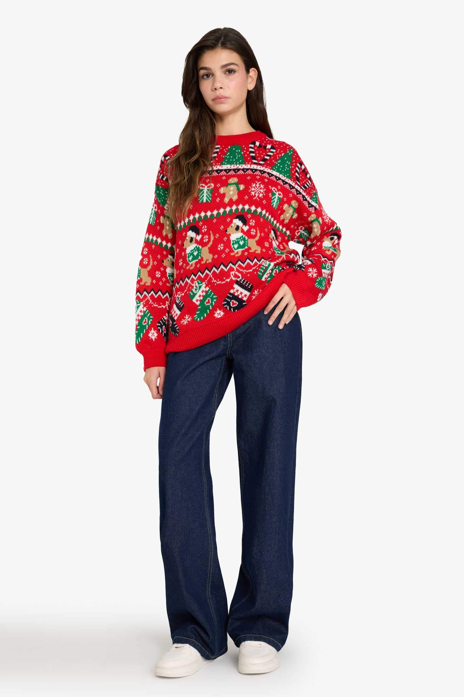 Yılbaşı Temalı Regular Fit Bisiklet Yaka Kazak