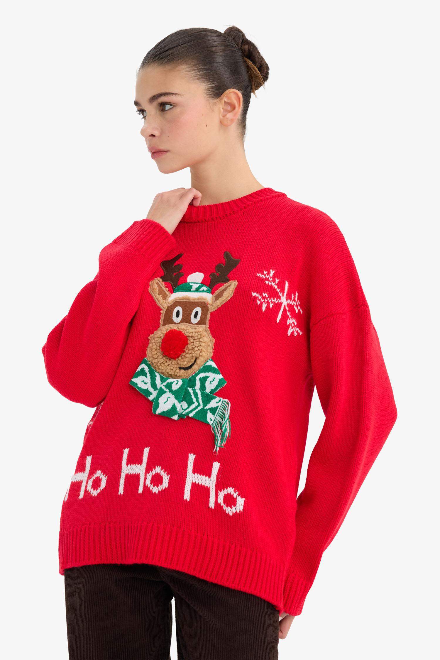 Yılbaşı Temalı Regular Fit Bisiklet Yaka Triko Kazak