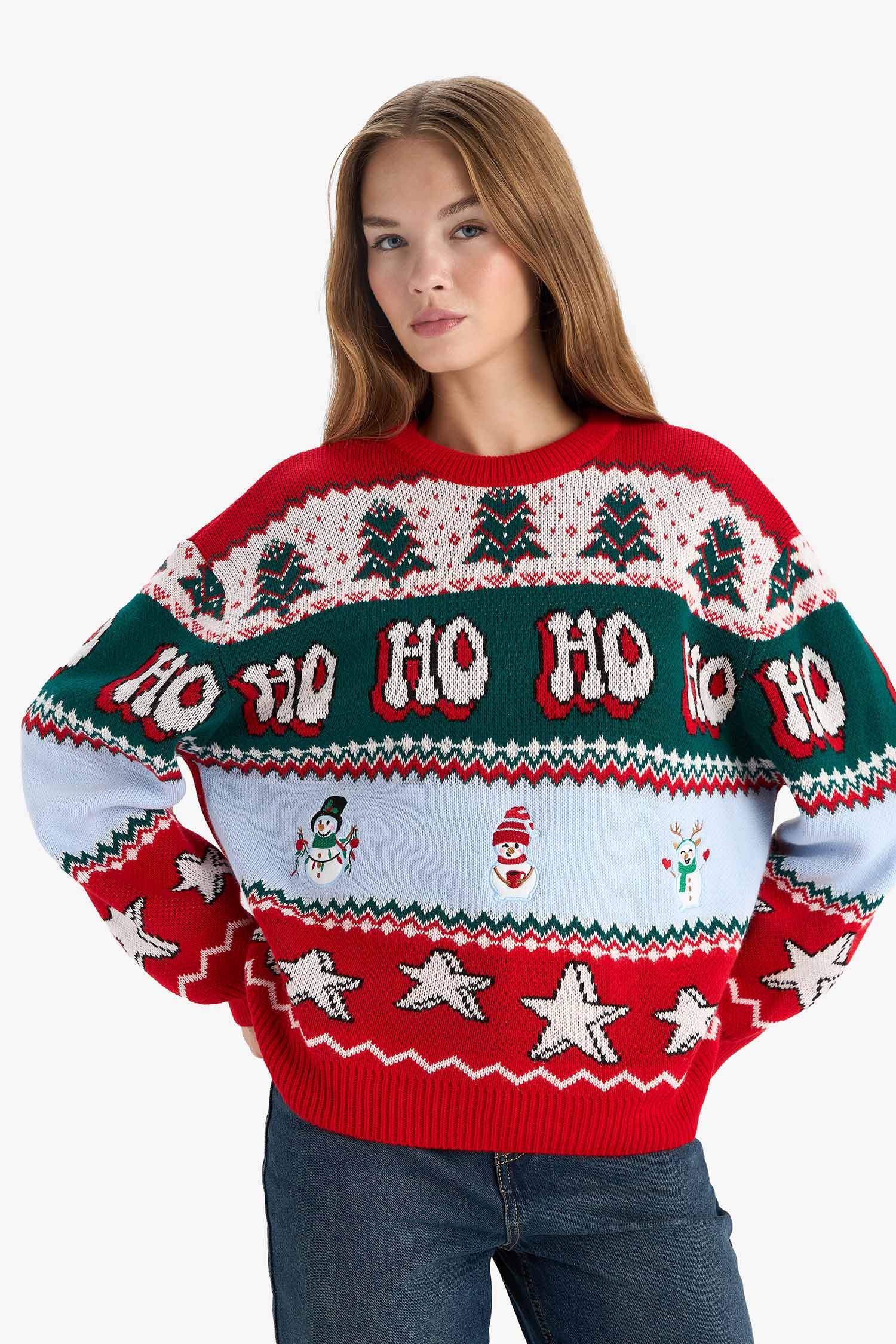 Yılbaşı Temalı Regular Fit Bisiklet Yaka Kazak