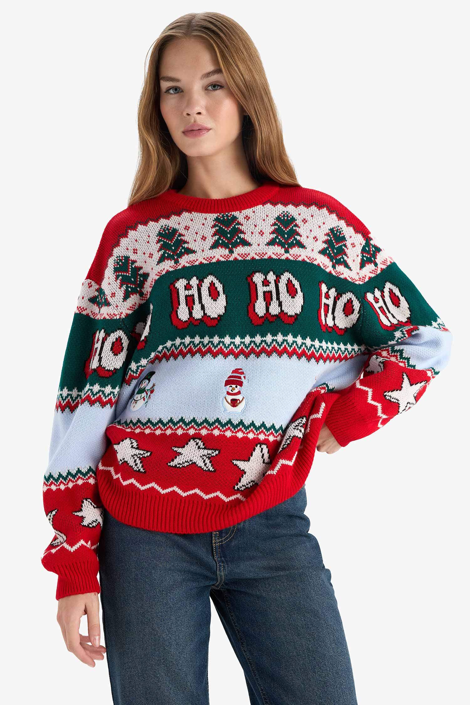 Yılbaşı Temalı Regular Fit Bisiklet Yaka Kazak