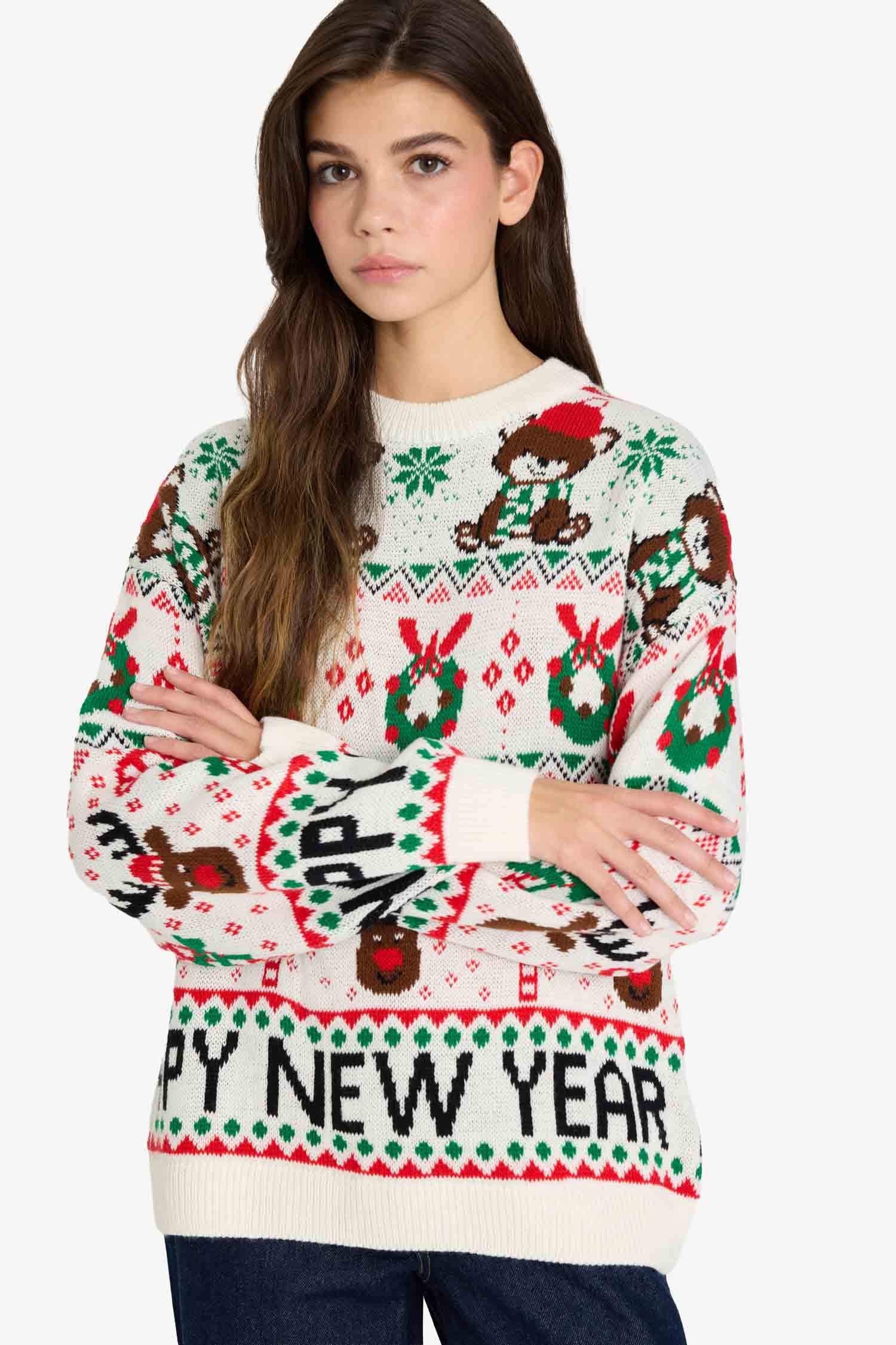 بلوز صوف قصة عادية بياخة مستديرة بطبعة رأس السنة