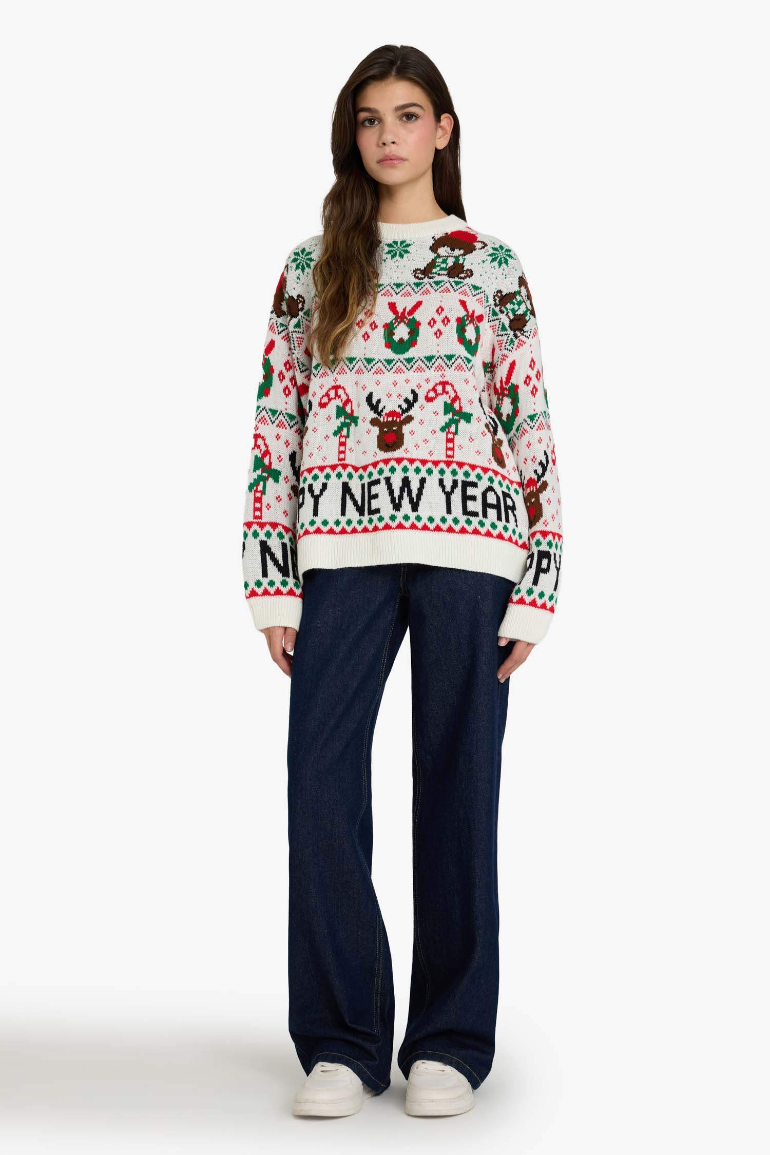 بلوز صوف قصة عادية بياخة مستديرة بطبعة رأس السنة