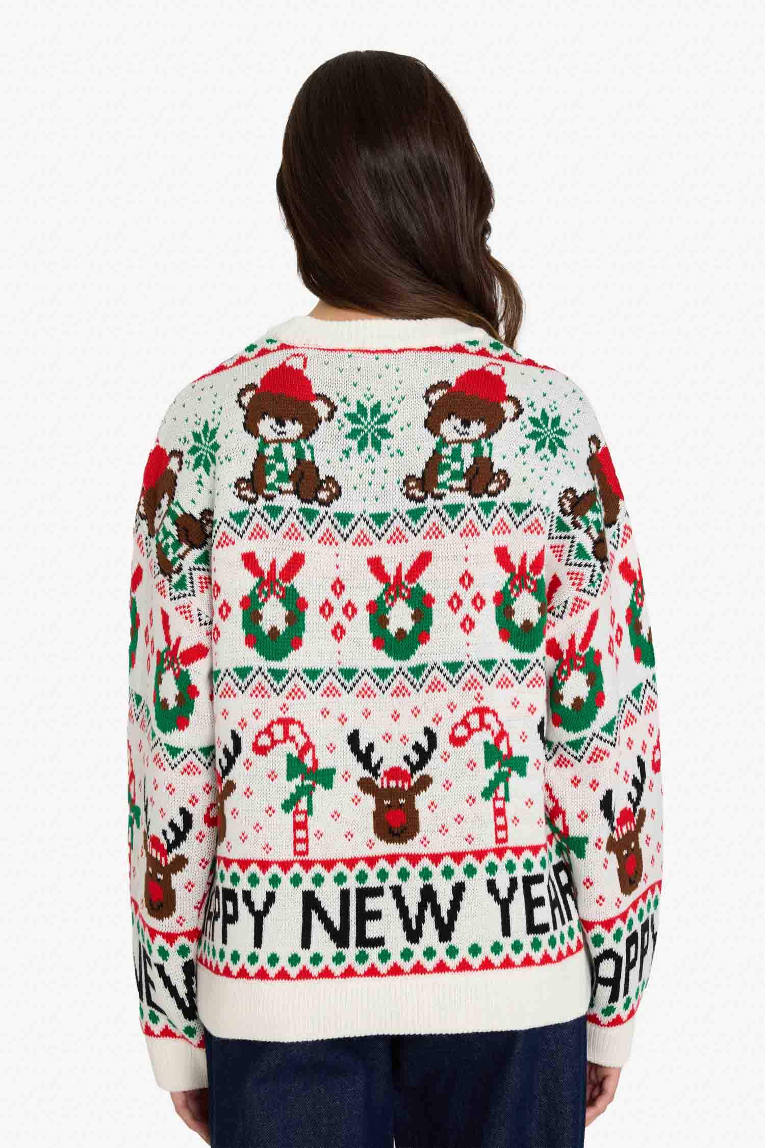 بلوز صوف قصة عادية بياخة مستديرة بطبعة رأس السنة