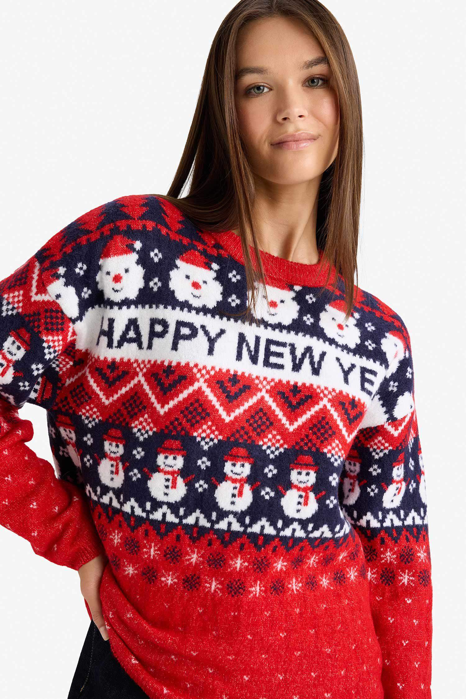 Pull à blocs de couleurs thème Noël à col rond Coupe régulière