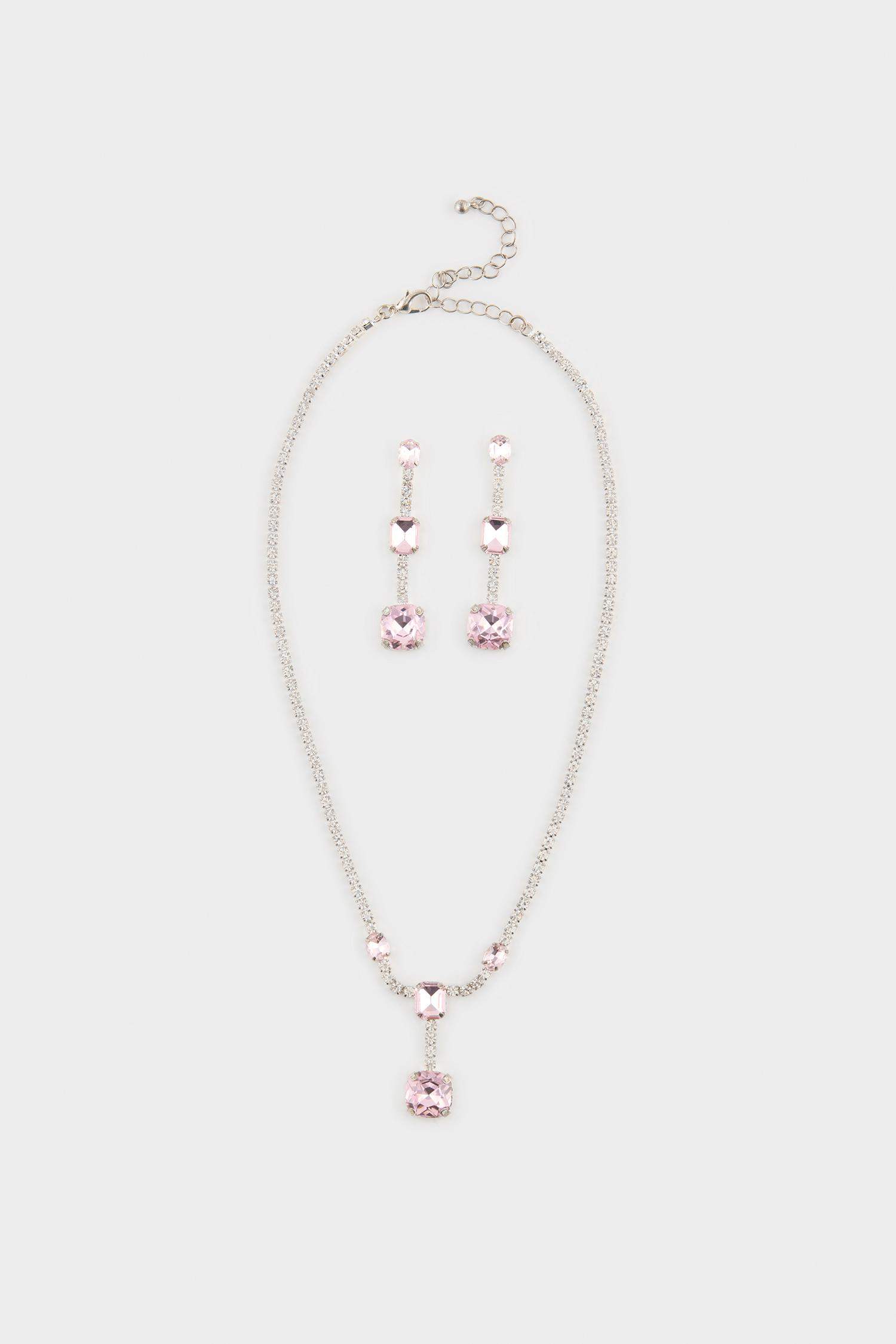 DCEY x DeFacto Kadın Pembe Taşlı Kolye Küpe Seti