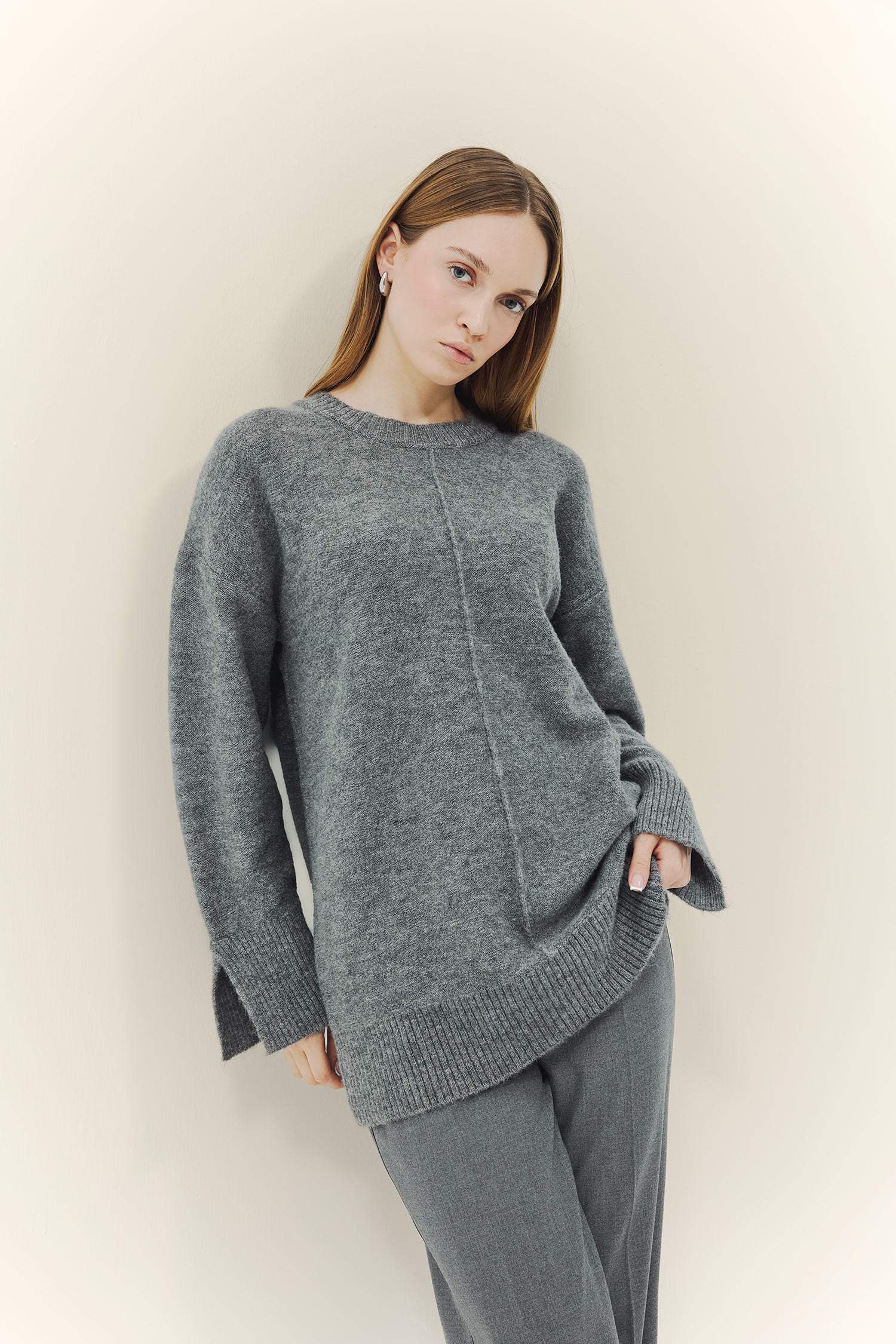 Yün Karışımlı Loose Fit Bisiklet Yaka Triko Kazak Tunik