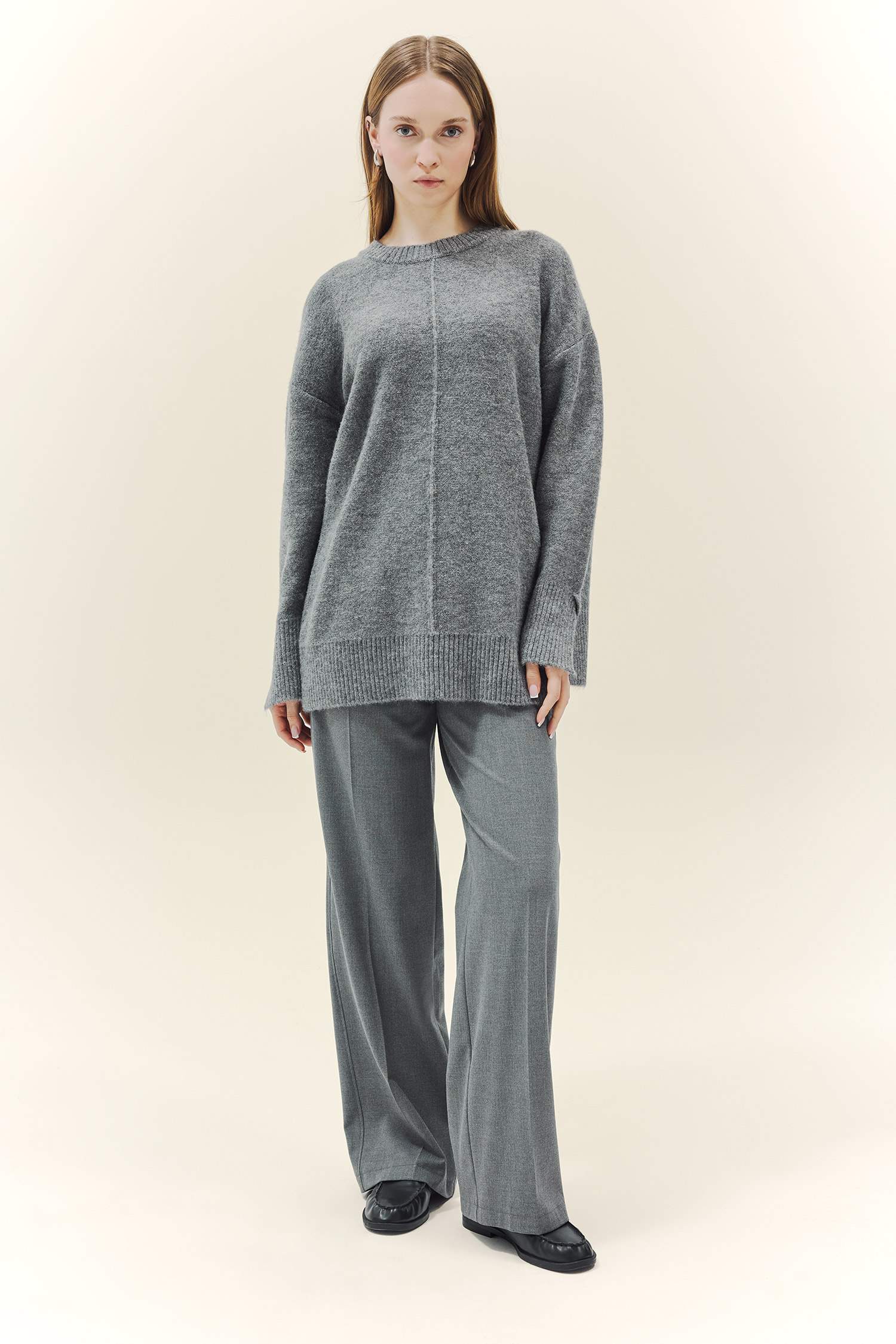 Yün Karışımlı Loose Fit Bisiklet Yaka Triko Kazak Tunik