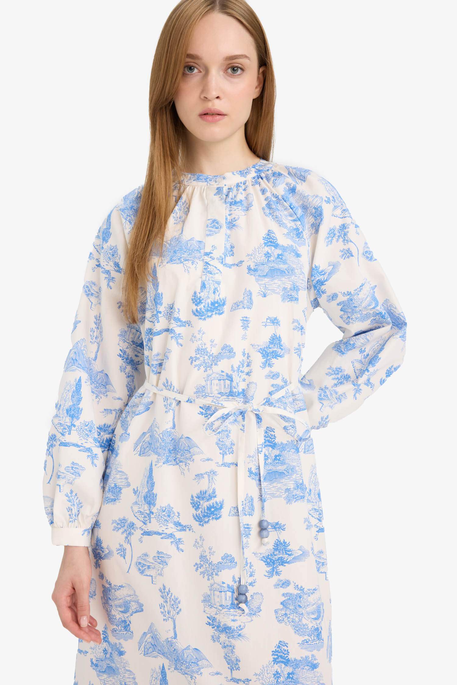 فستان طويل فلورال بوبلين كم طويل قصة مريحة بياقة مستديرة