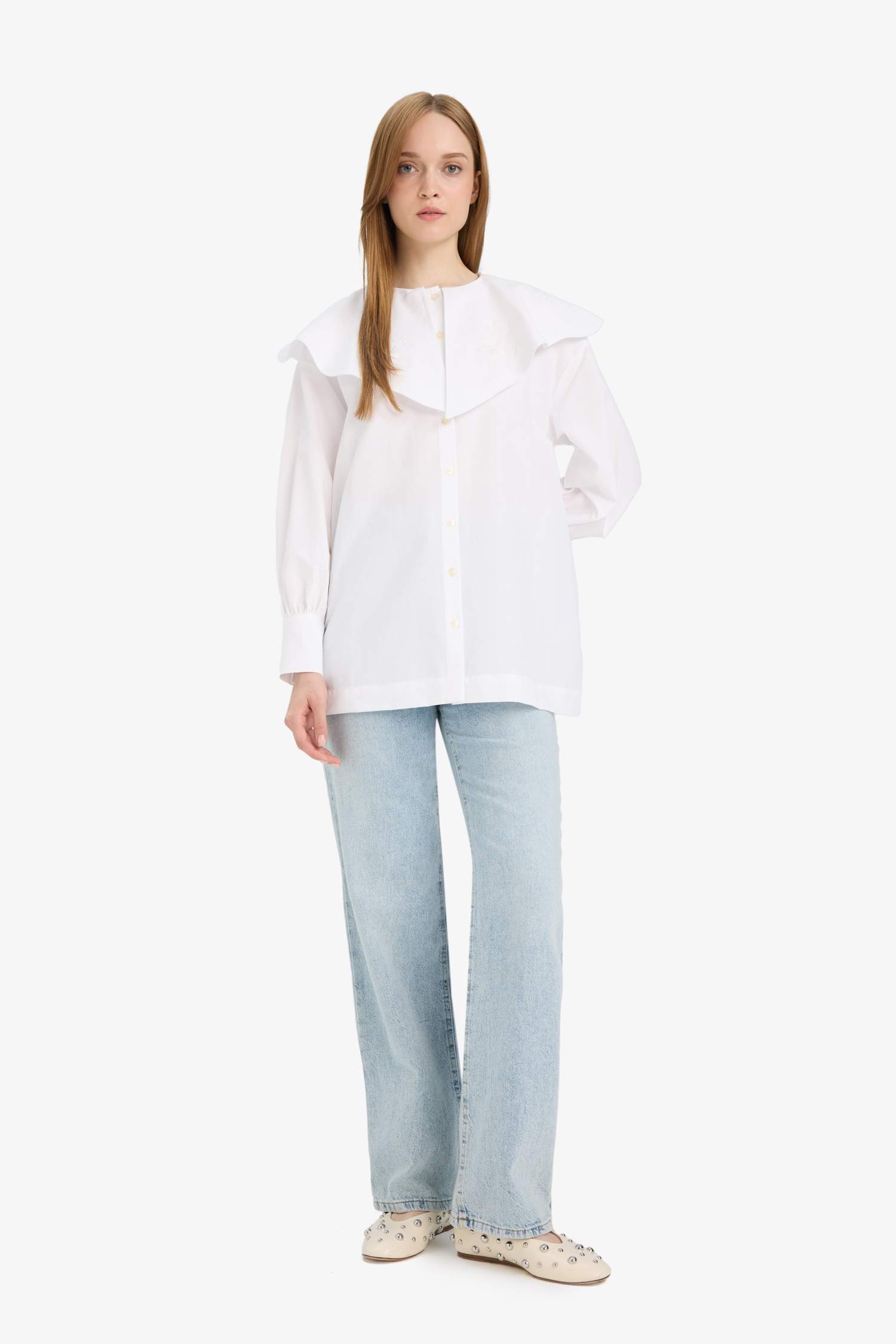 Relax Fit Geniş Yakalı Poplin Uzun Kollu Gömlek Tunik