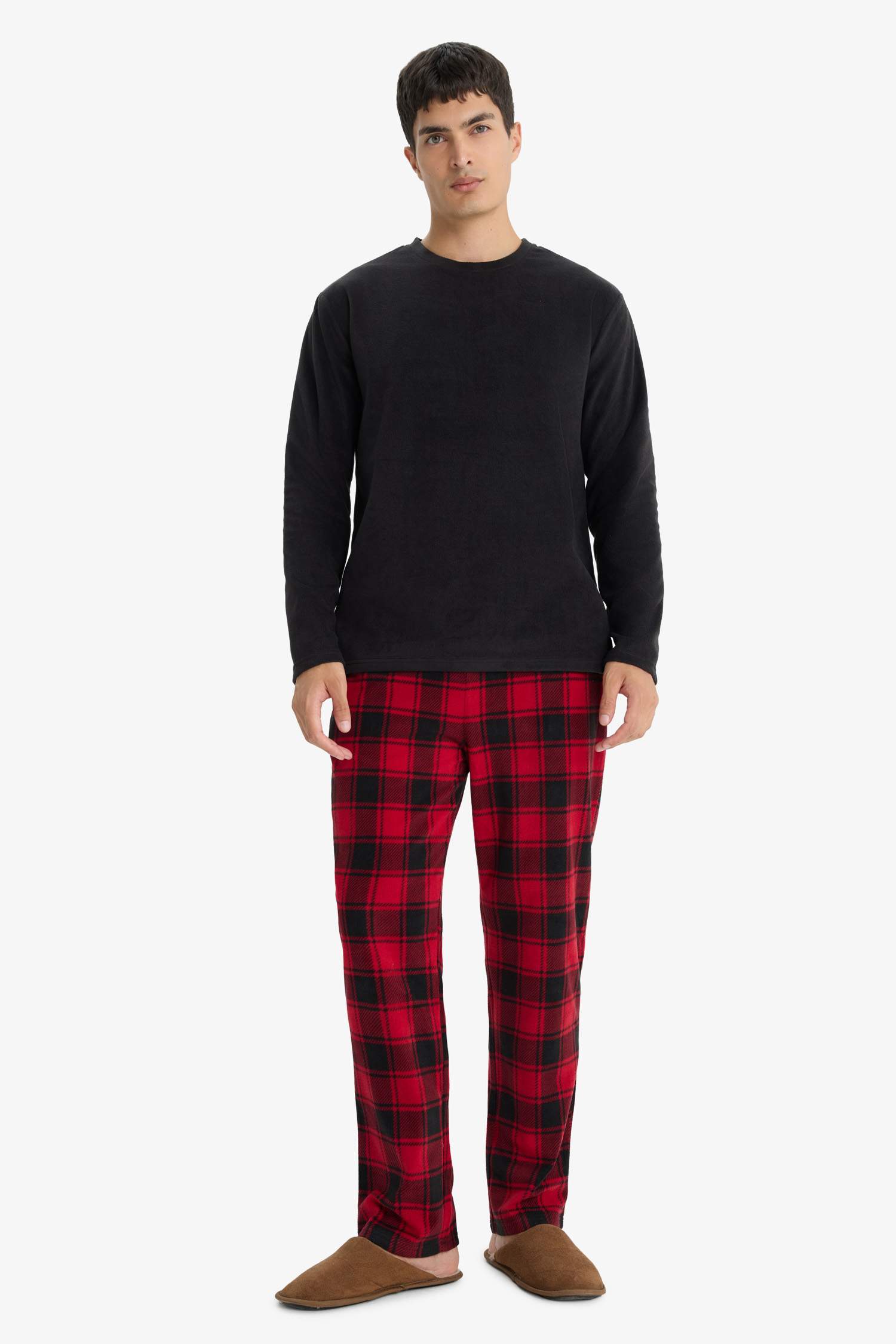 Pijama Takımı Regular Fit Polar Uzun Kollu Üst Ekose Desenli Uzun Alt