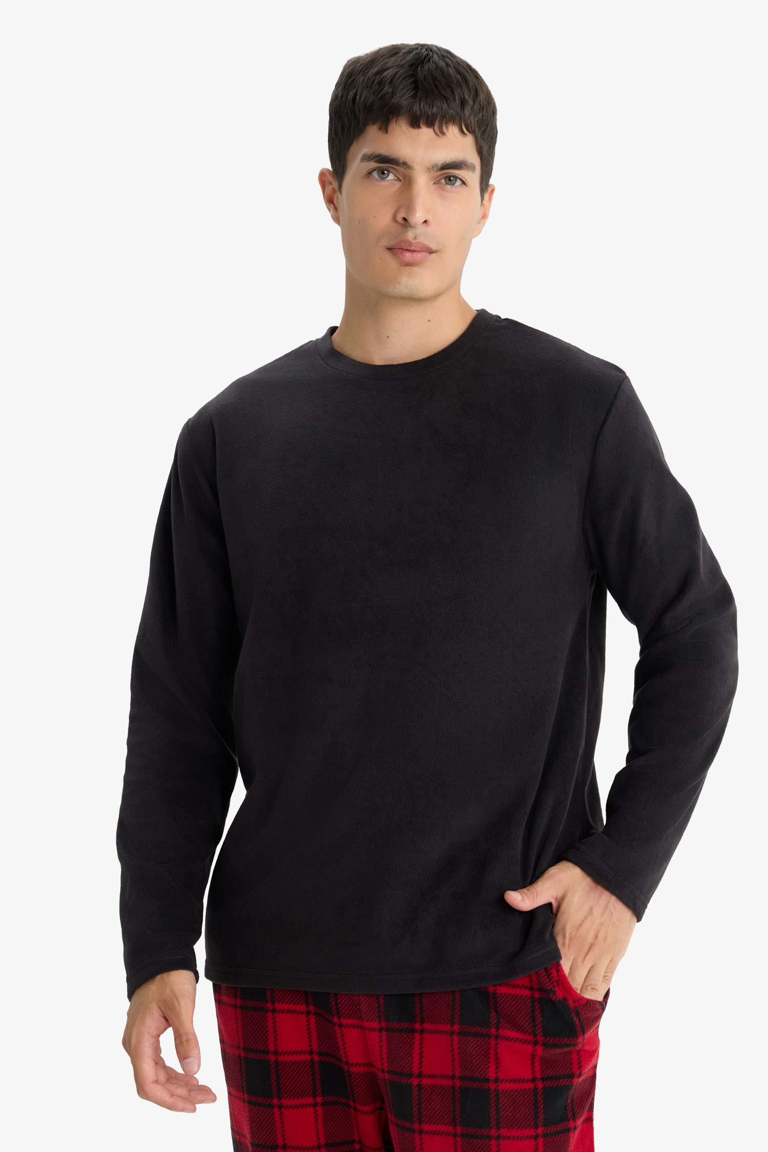 Pijama Takımı Regular Fit Polar Uzun Kollu Üst Ekose Desenli Uzun Alt