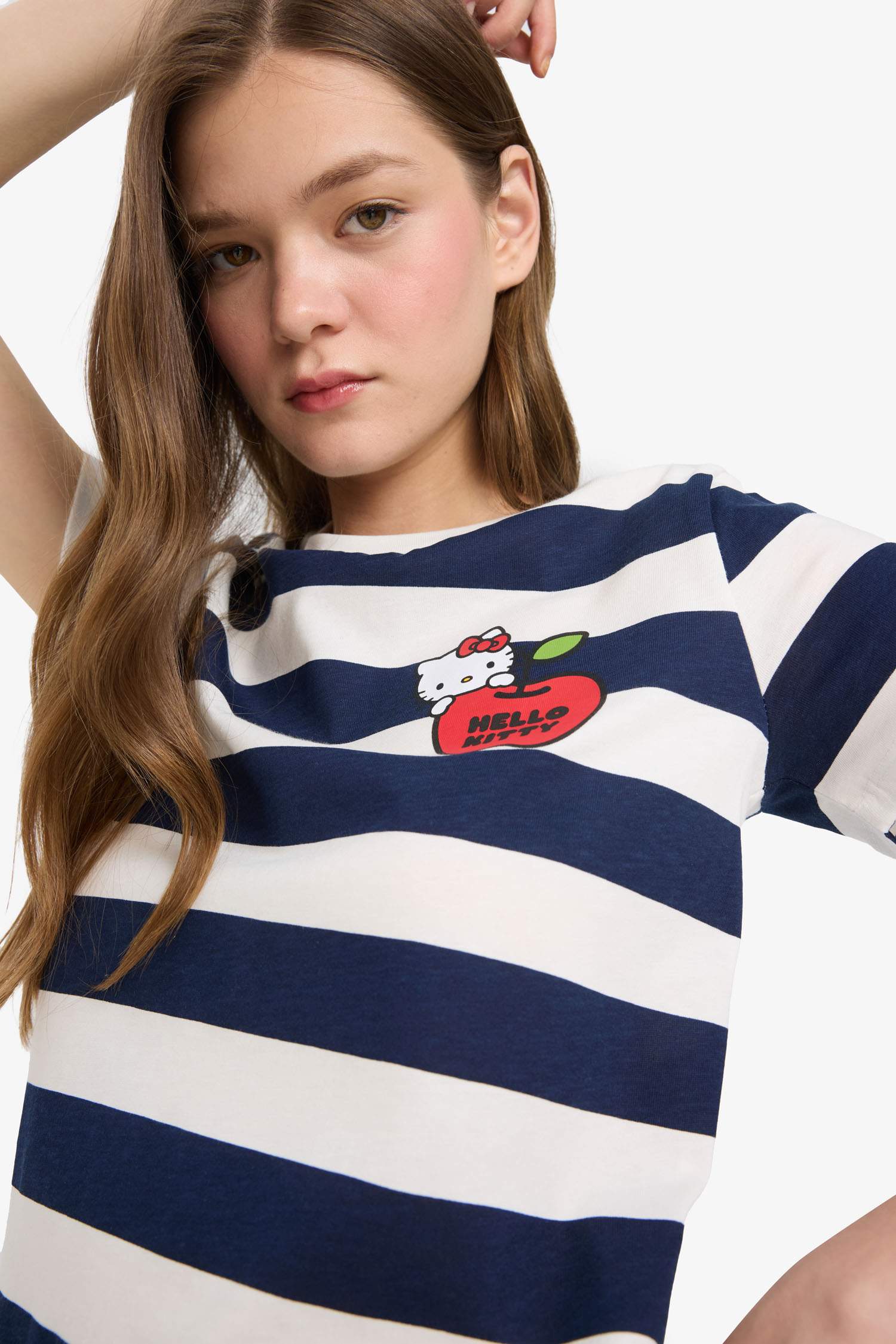 Coool Hello Kitty Çizgili Bisiklet Yaka Kısa Kollu Tişört