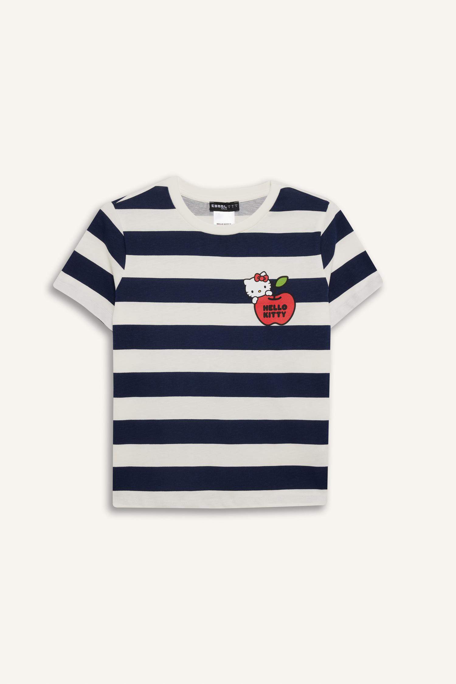 Coool Hello Kitty Çizgili Bisiklet Yaka Kısa Kollu Tişört