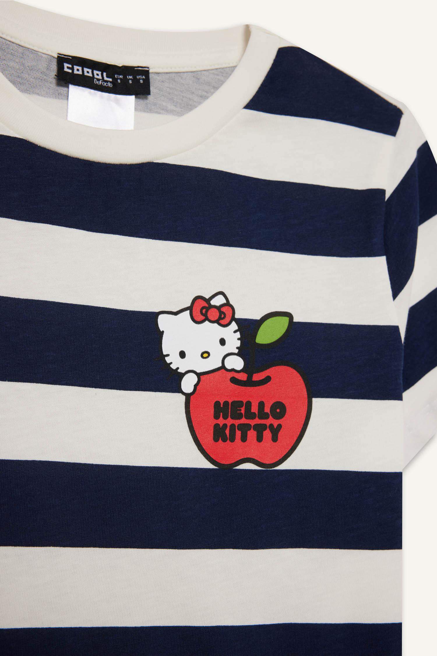Coool Hello Kitty Çizgili Bisiklet Yaka Kısa Kollu Tişört