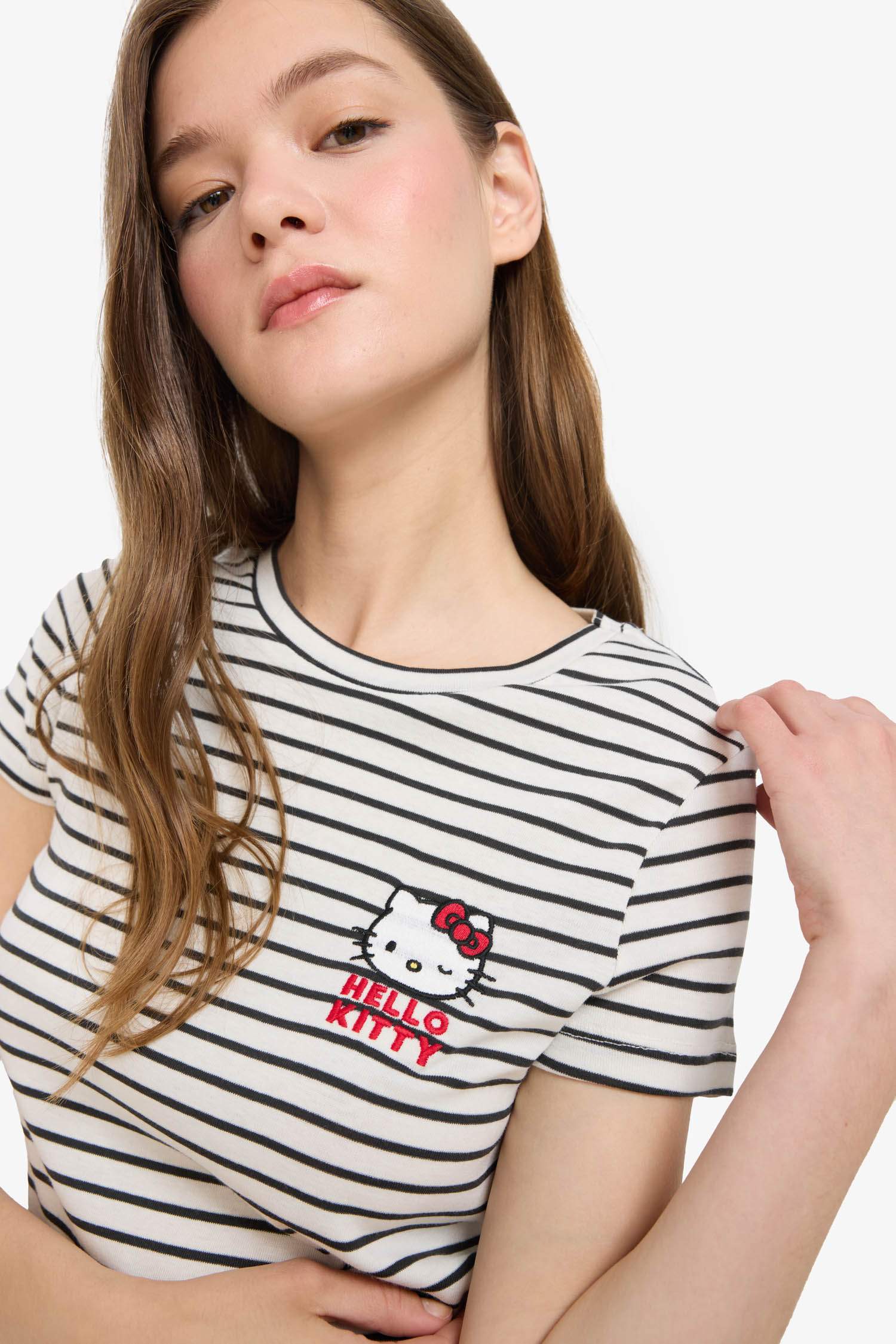 Coool Hello Kitty Çizgili Bisiklet Yaka Kısa Kollu Tişört