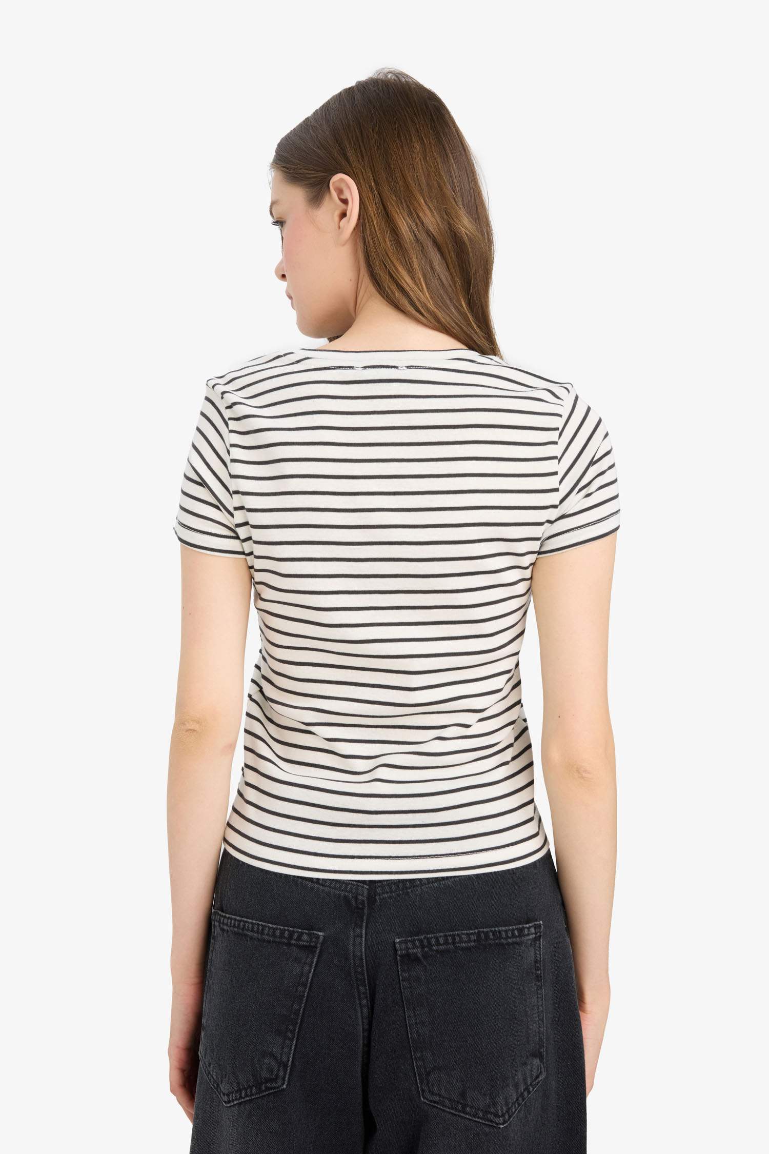 Coool Hello Kitty Çizgili Bisiklet Yaka Kısa Kollu Tişört