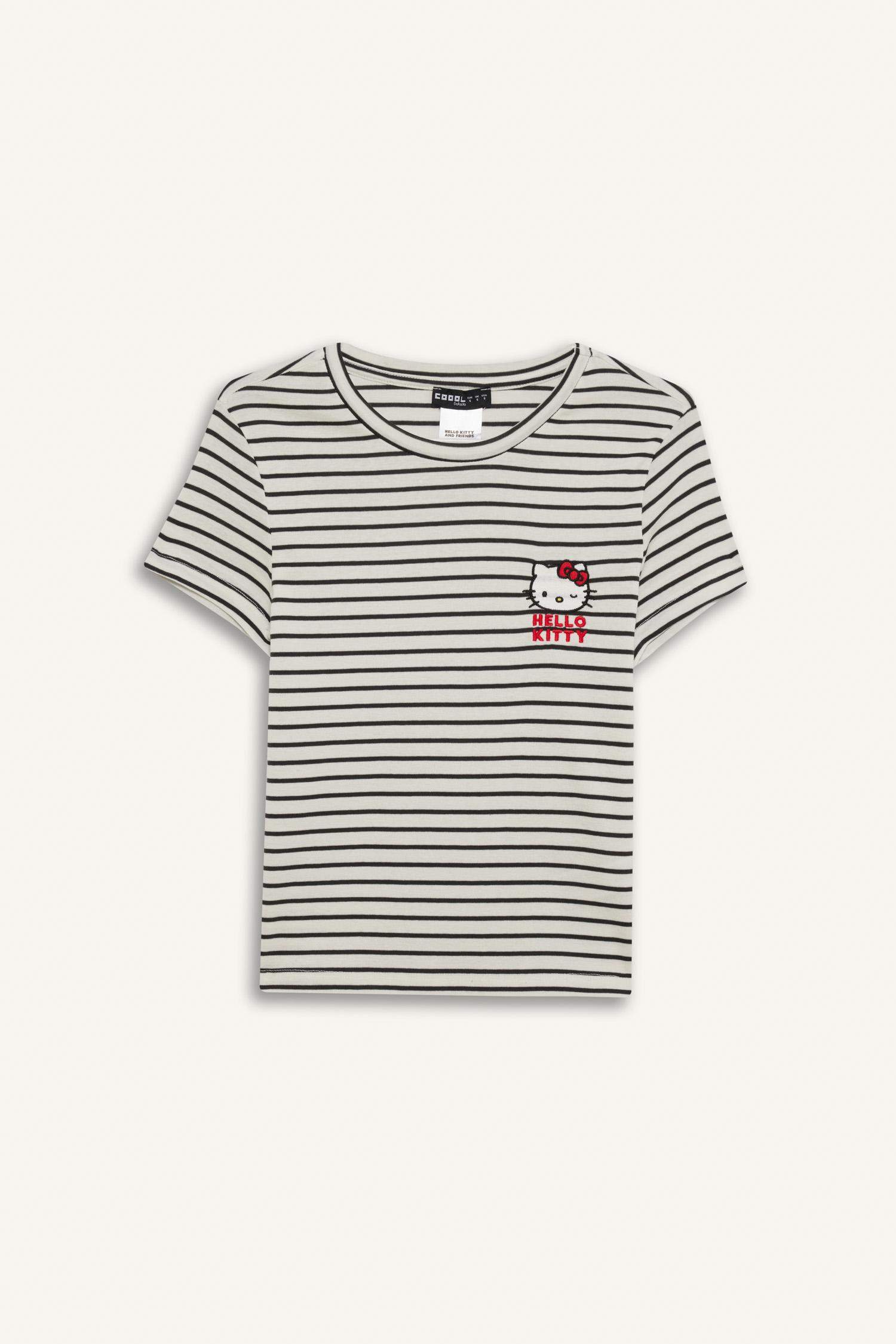 Coool Hello Kitty Çizgili Bisiklet Yaka Kısa Kollu Tişört