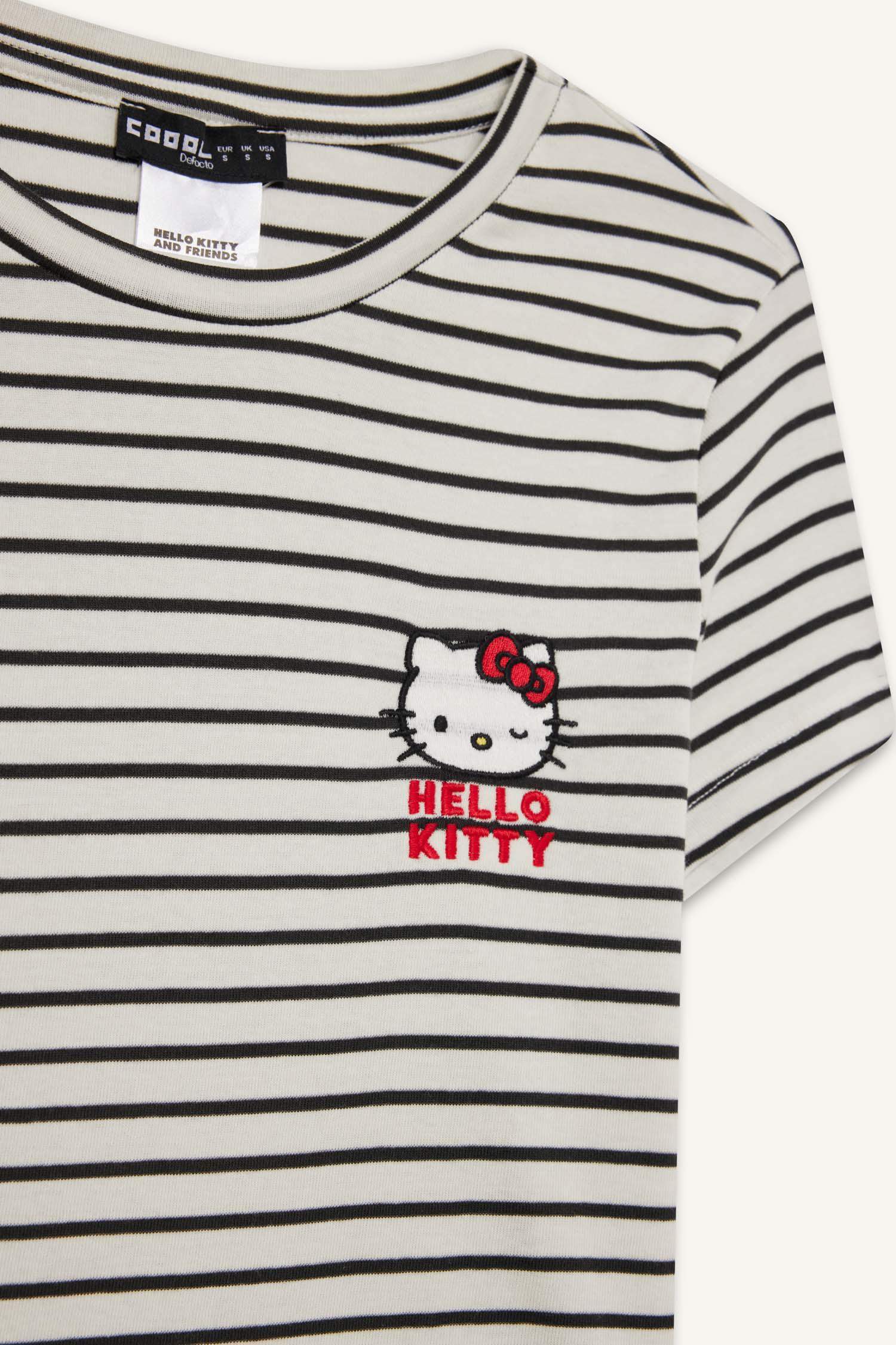 Coool Hello Kitty Çizgili Bisiklet Yaka Kısa Kollu Tişört