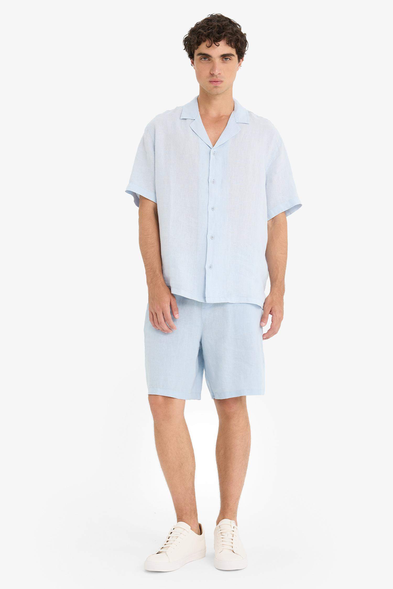 Linen Relax Fit Open Neck Short Sleeve Shirt