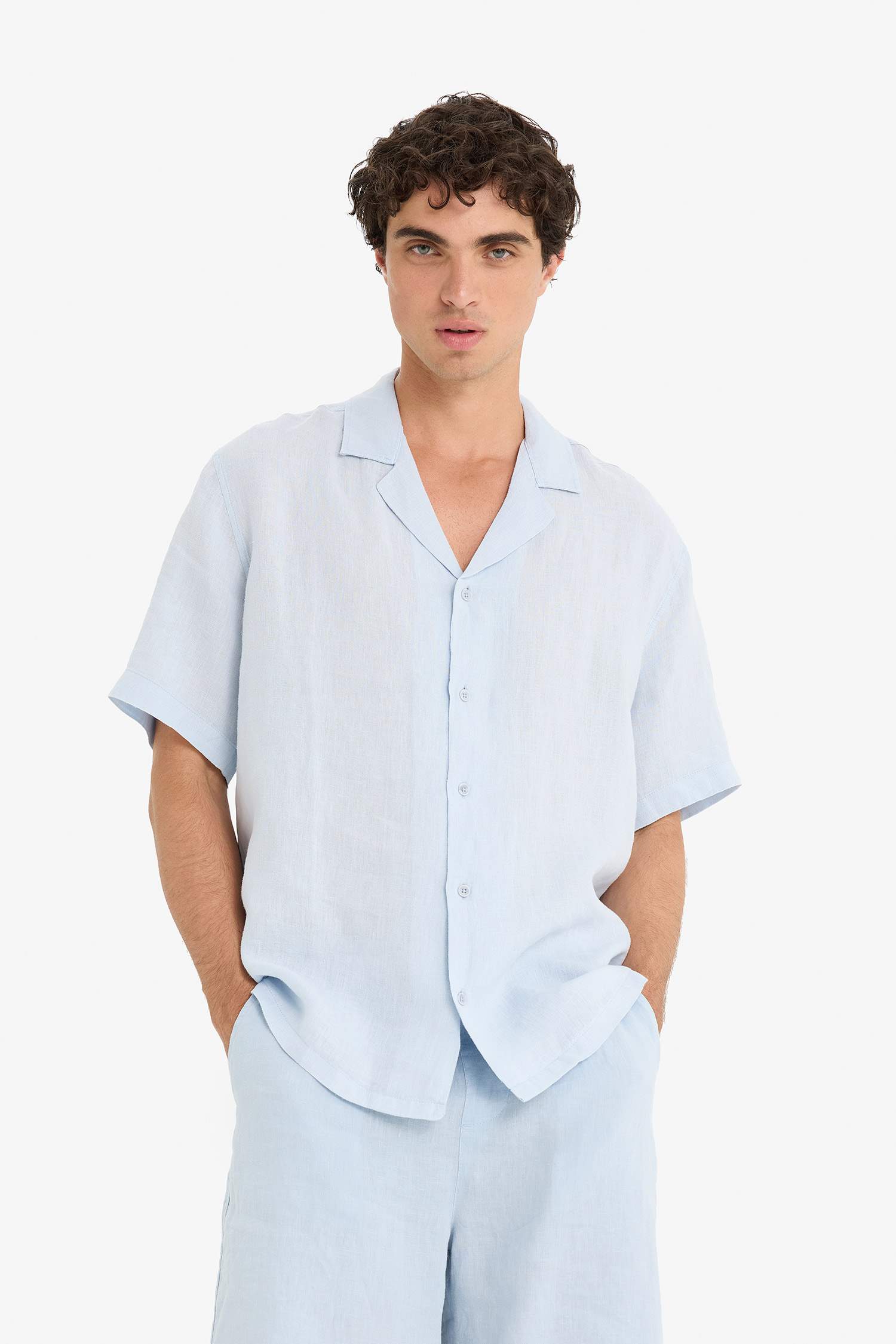 Linen Relax Fit Open Neck Short Sleeve Shirt