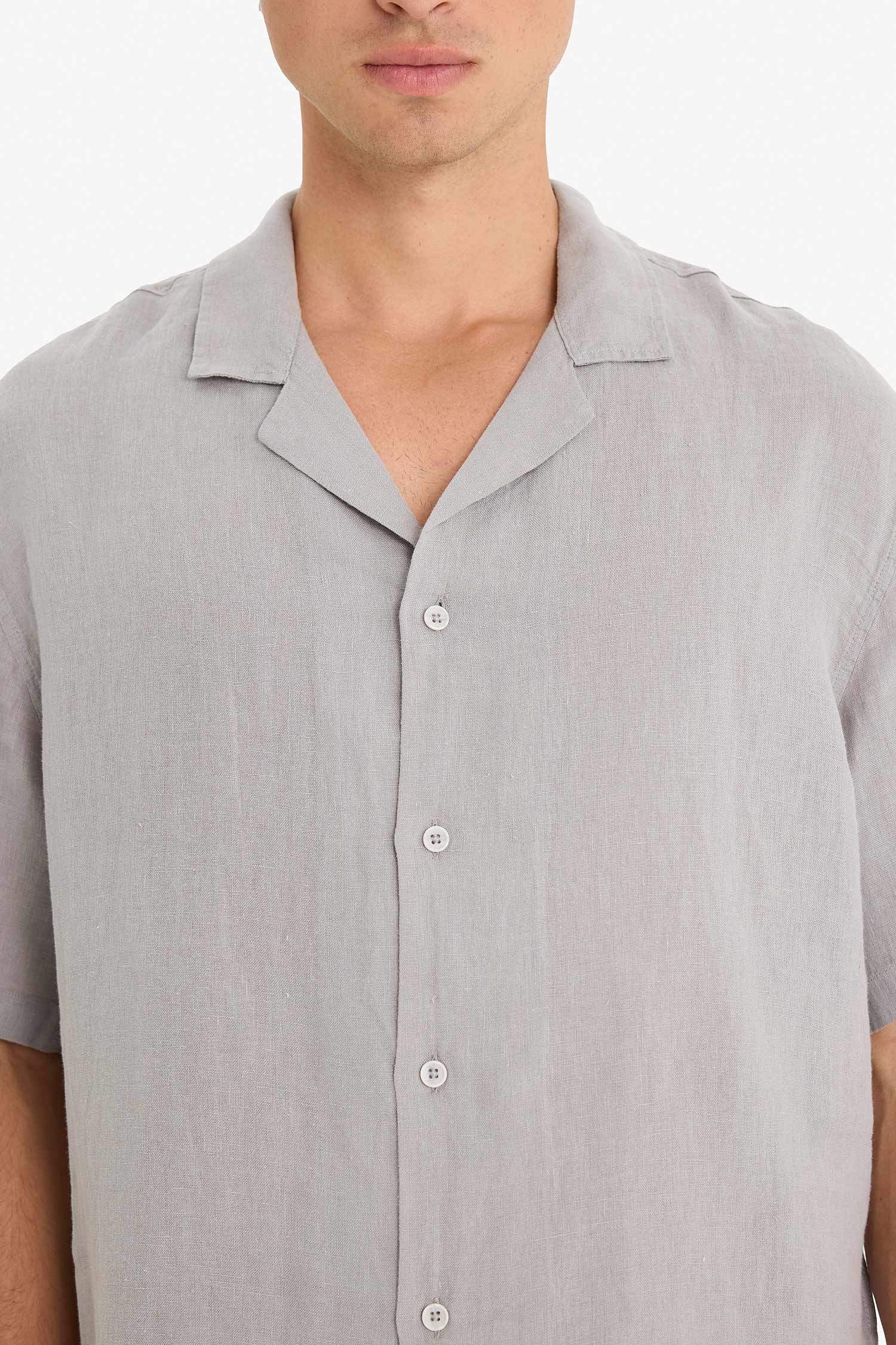 %100 Keten Relax Fit Apaş Yaka Kısa Kollu Gömlek