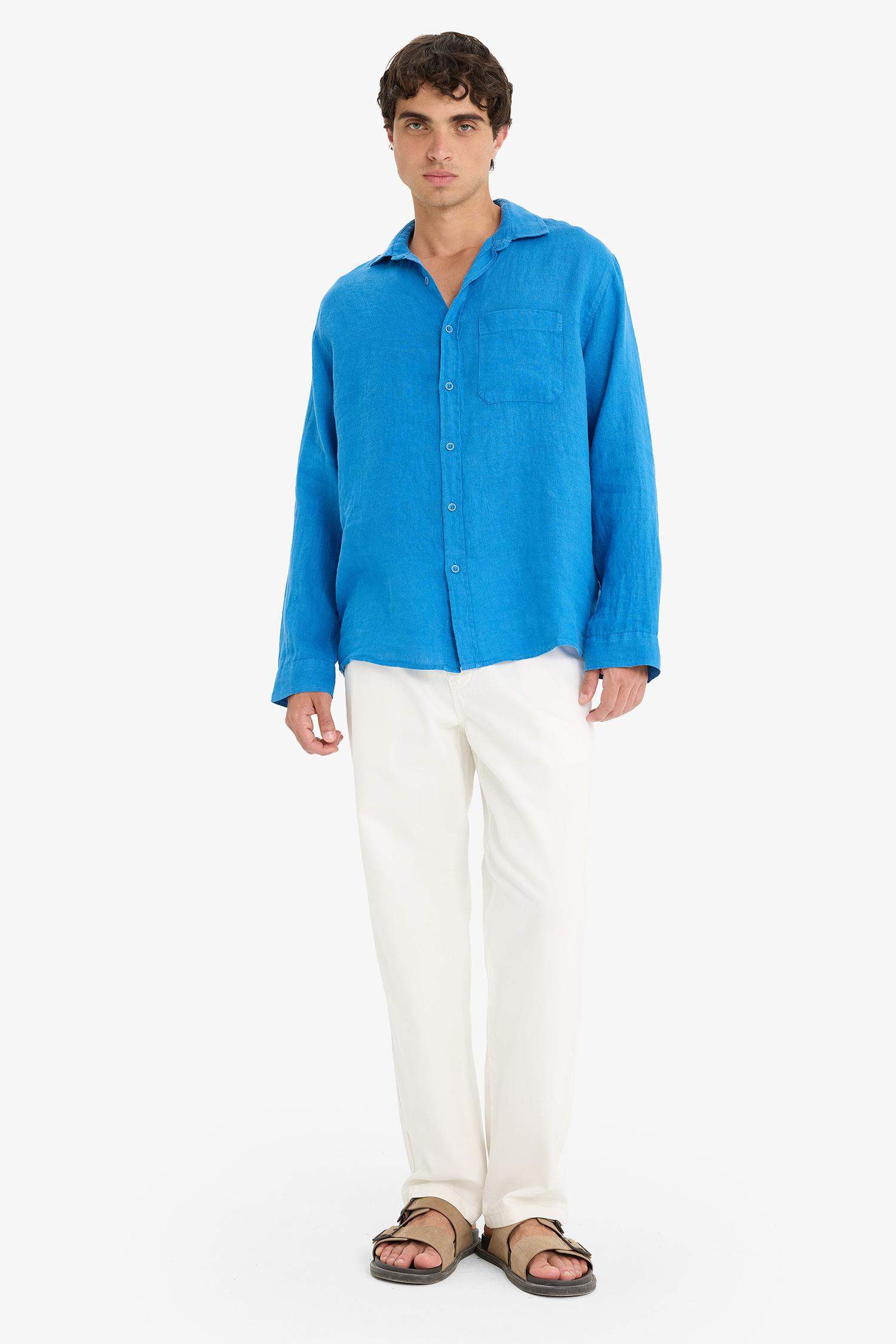 %100 Keten Relax Fit Uzun Kollu Gömlek