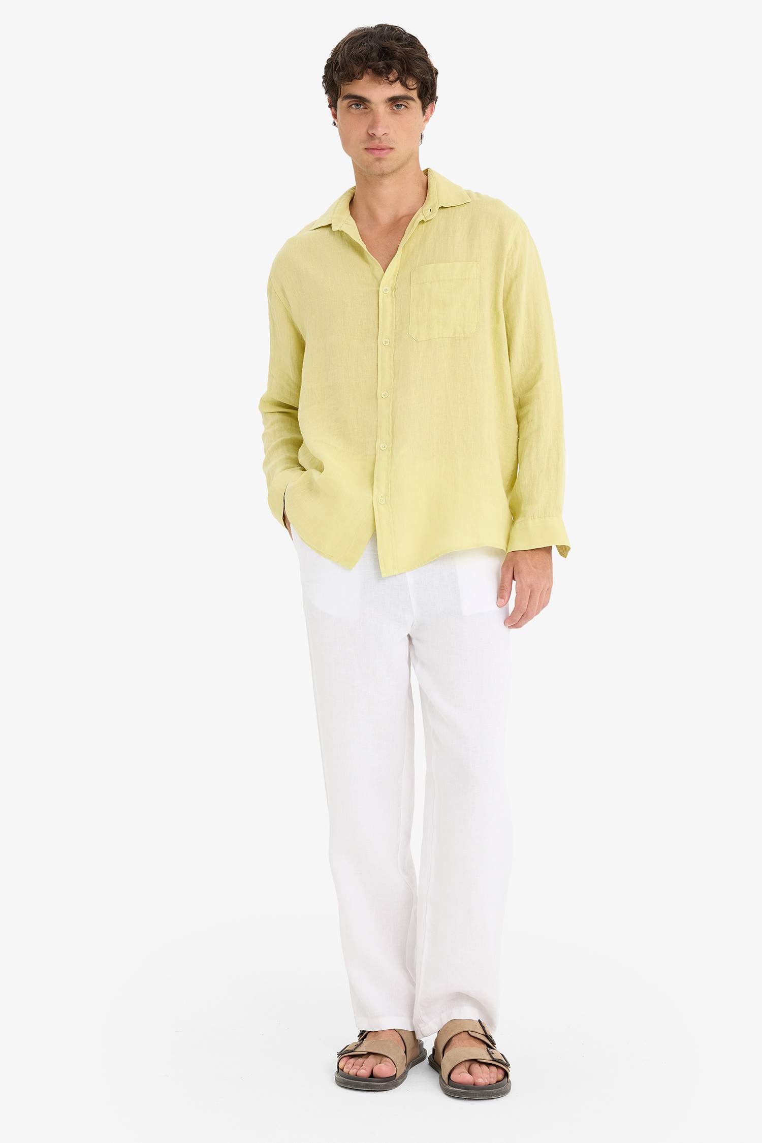 قميص كتان كم طويل قصة مريحة