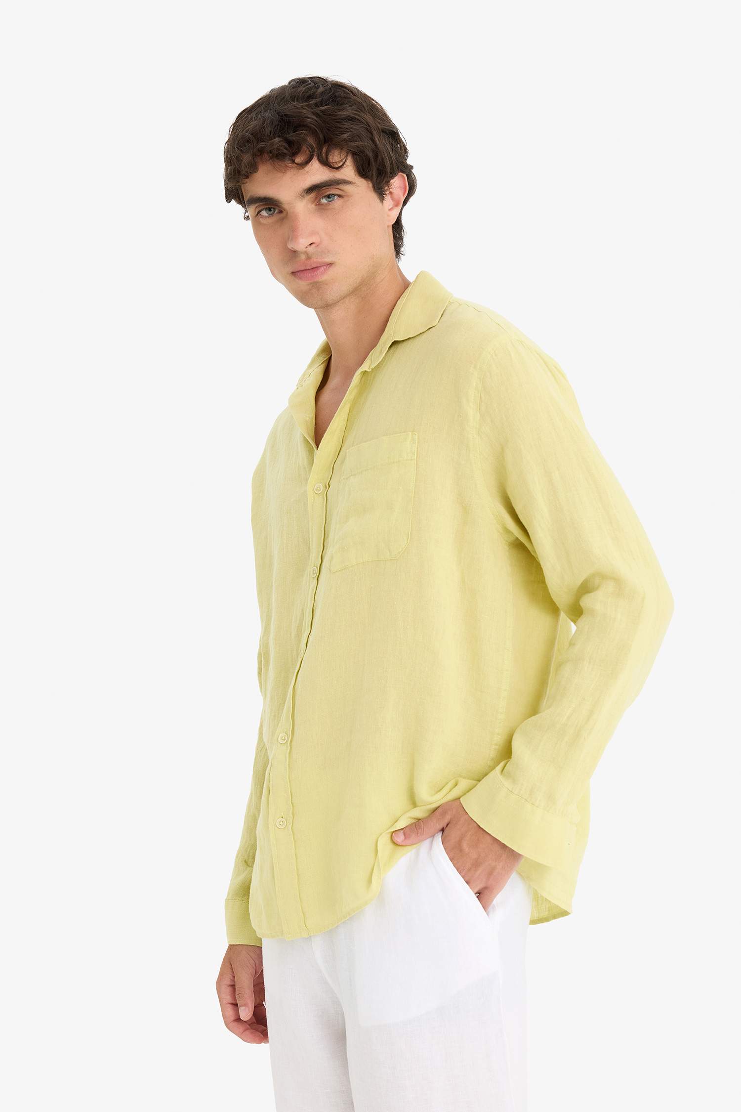 قميص كتان كم طويل قصة مريحة