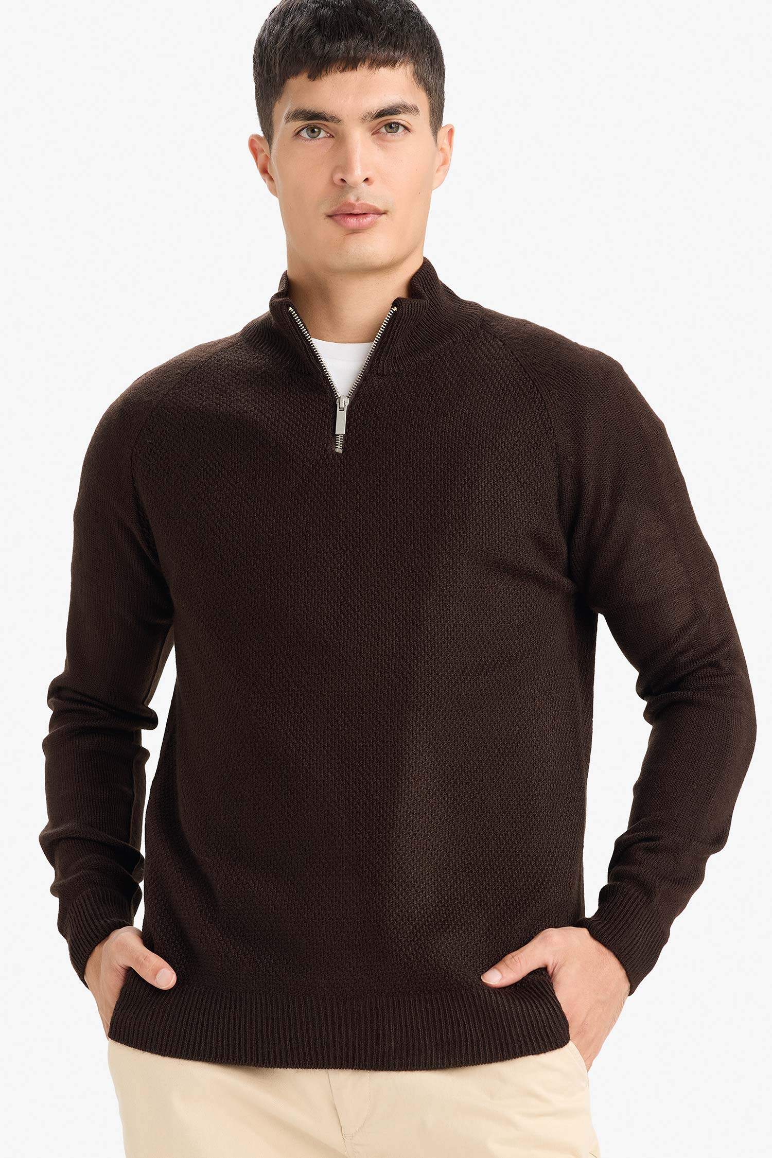 Standart Fit Fermuarlı Yaka Triko Kazak