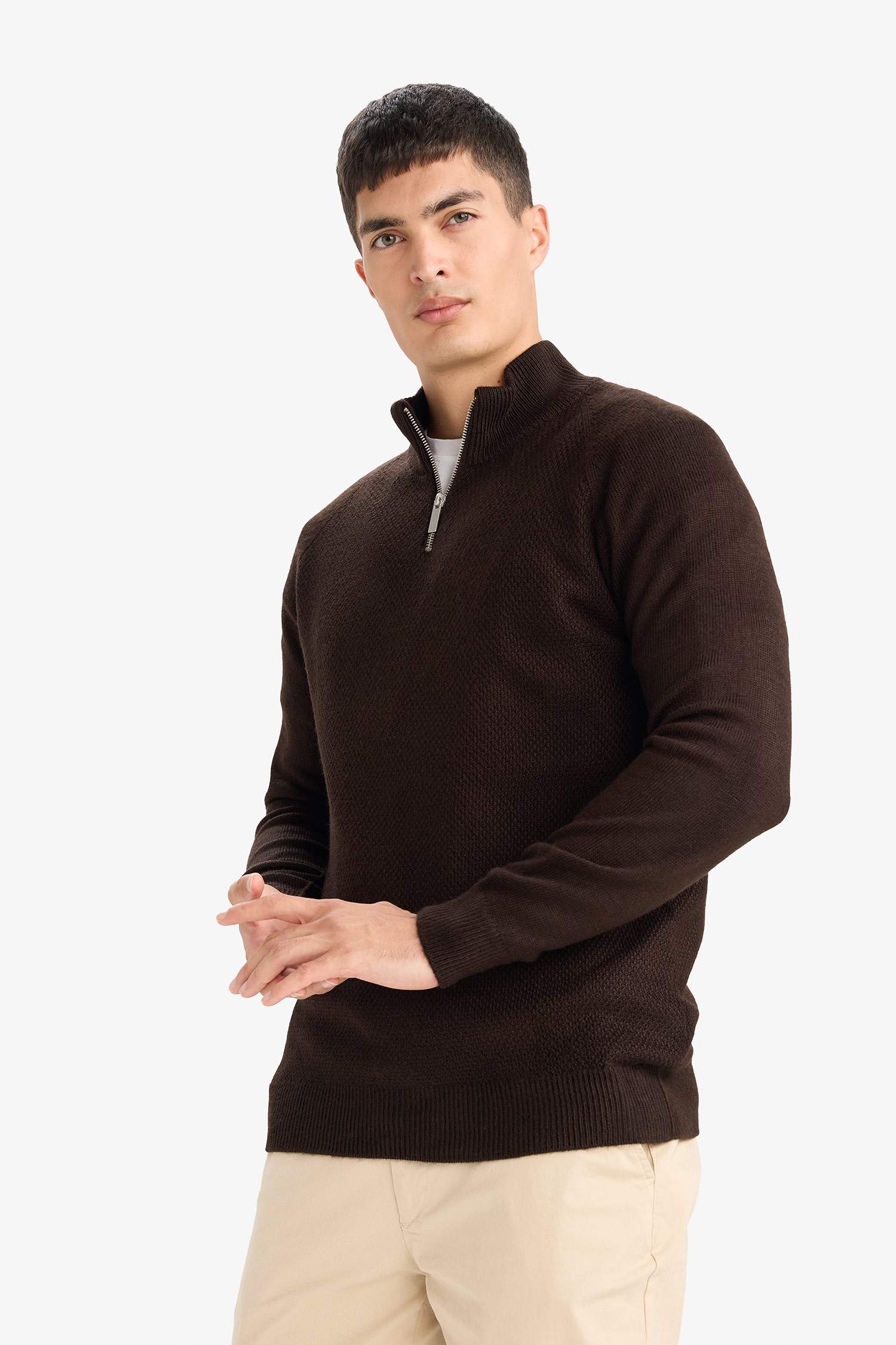 Standart Fit Fermuarlı Yaka Triko Kazak