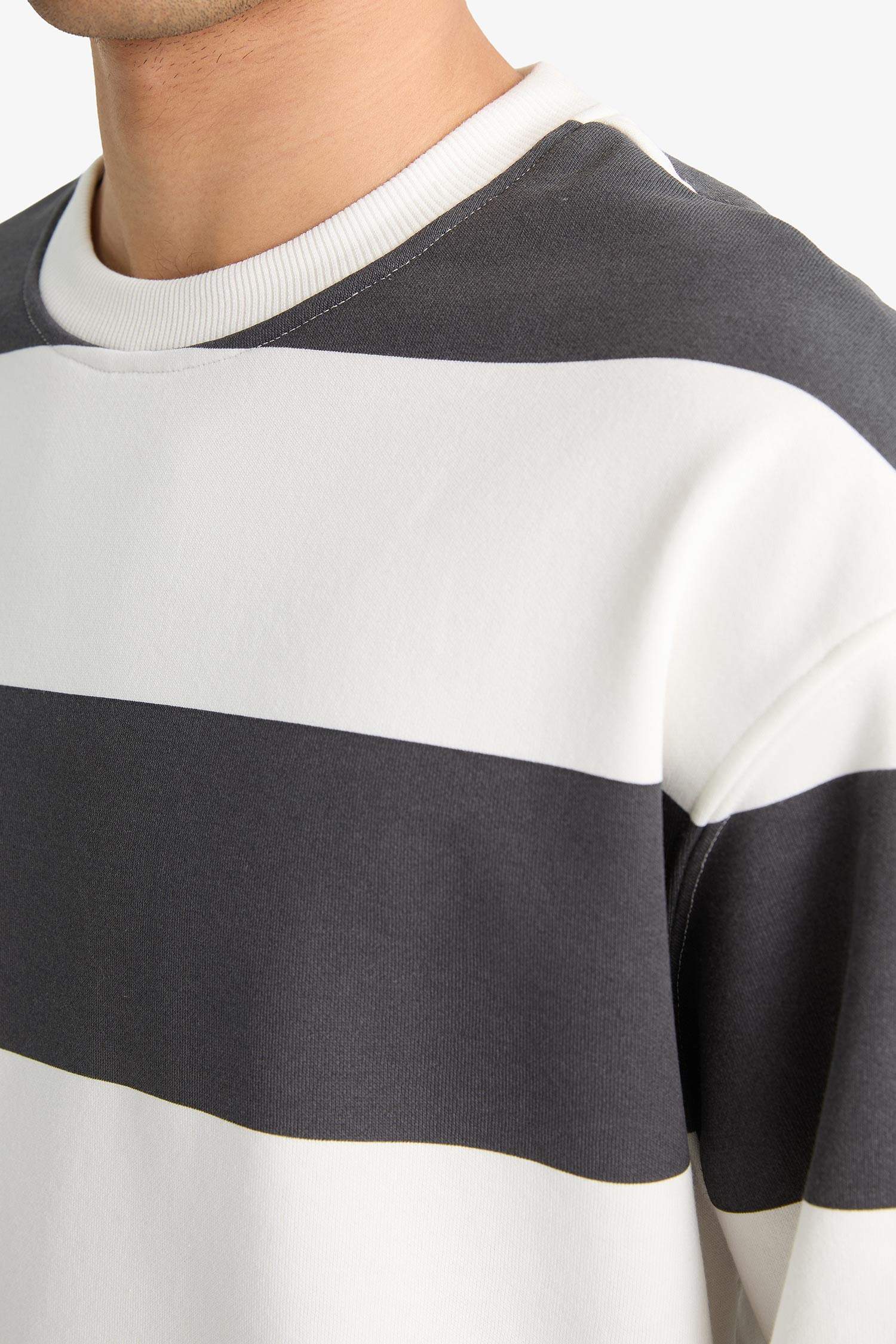 Boxy Fit Bisiklet Yaka Çizgili Sweatshirt