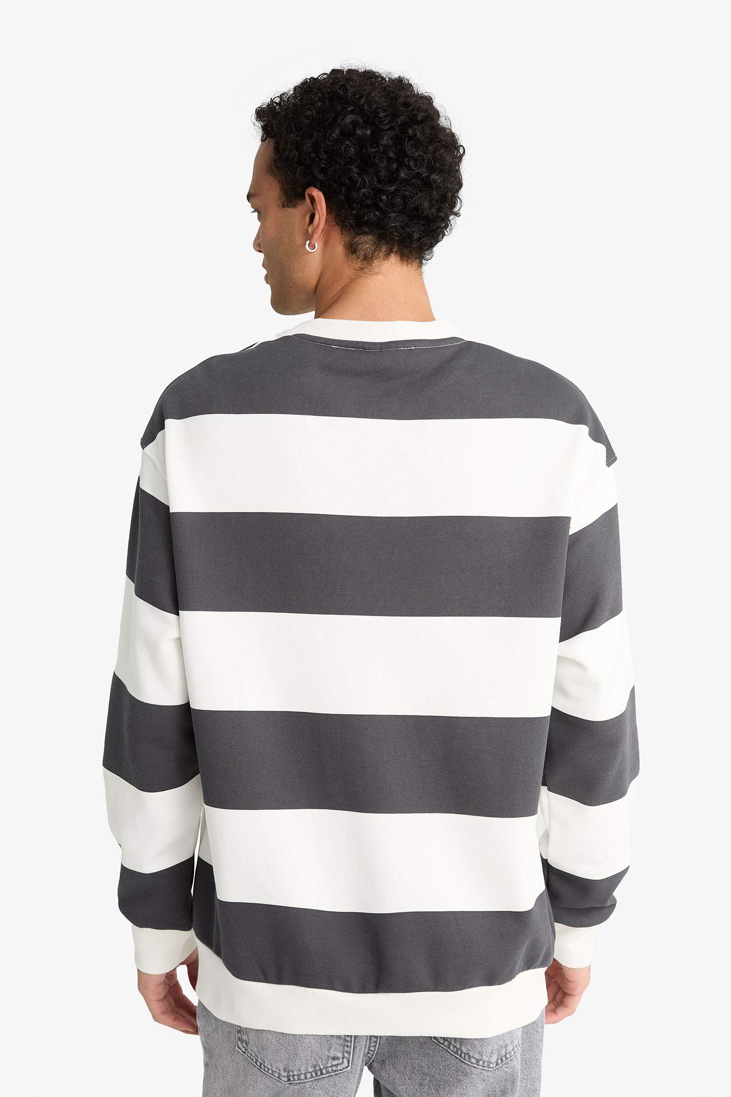 Boxy Fit Bisiklet Yaka Çizgili Sweatshirt