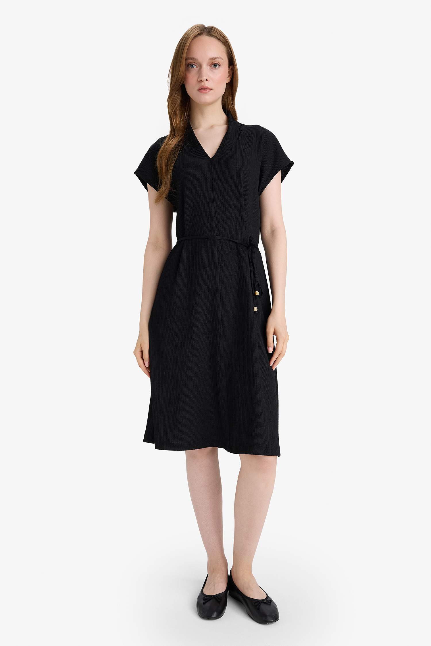 Regular Fit V Yaka Kolsuz Siyah Midi Elbise