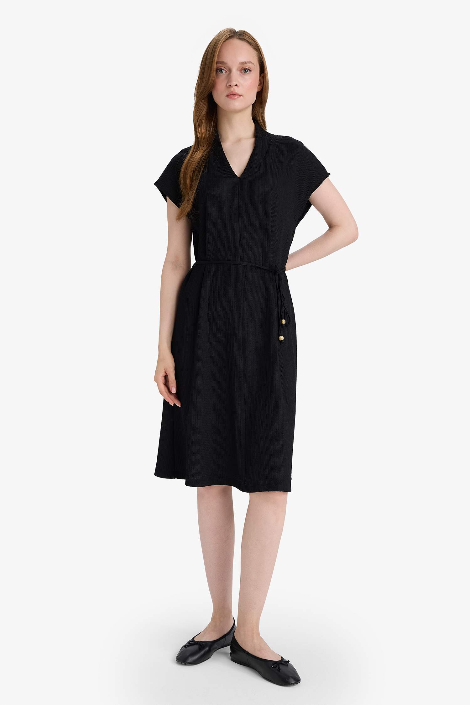 Regular Fit V Yaka Kolsuz Siyah Midi Elbise