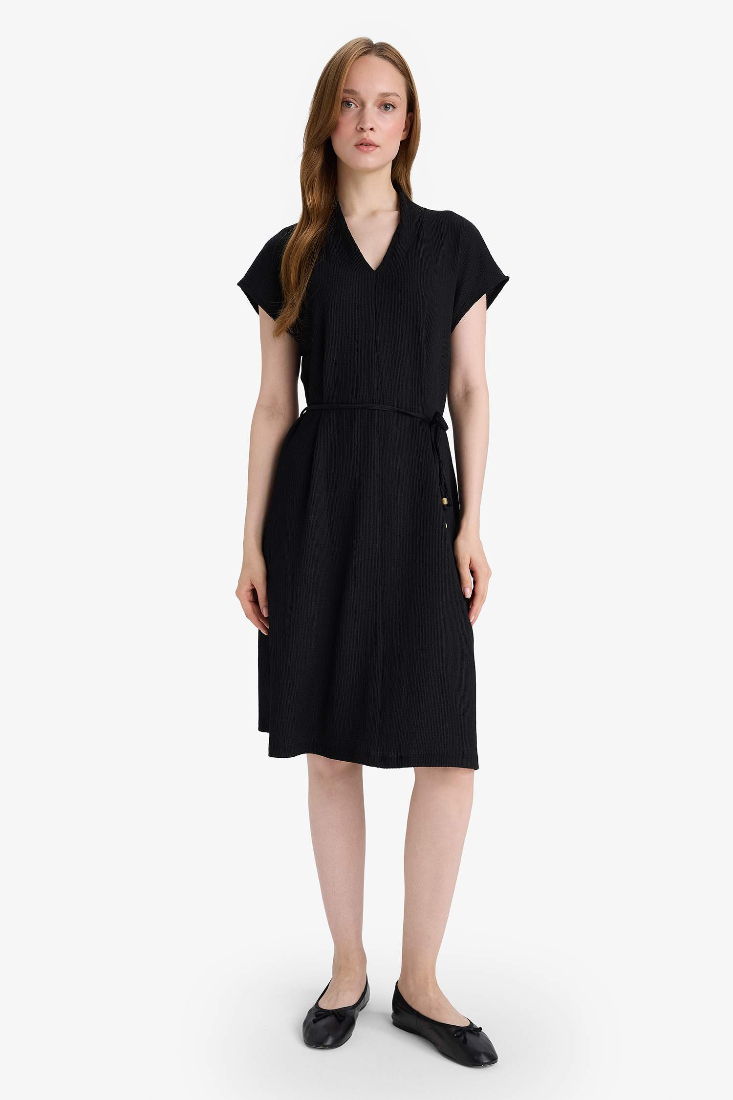 Regular Fit V Yaka Kolsuz Siyah Midi Elbise