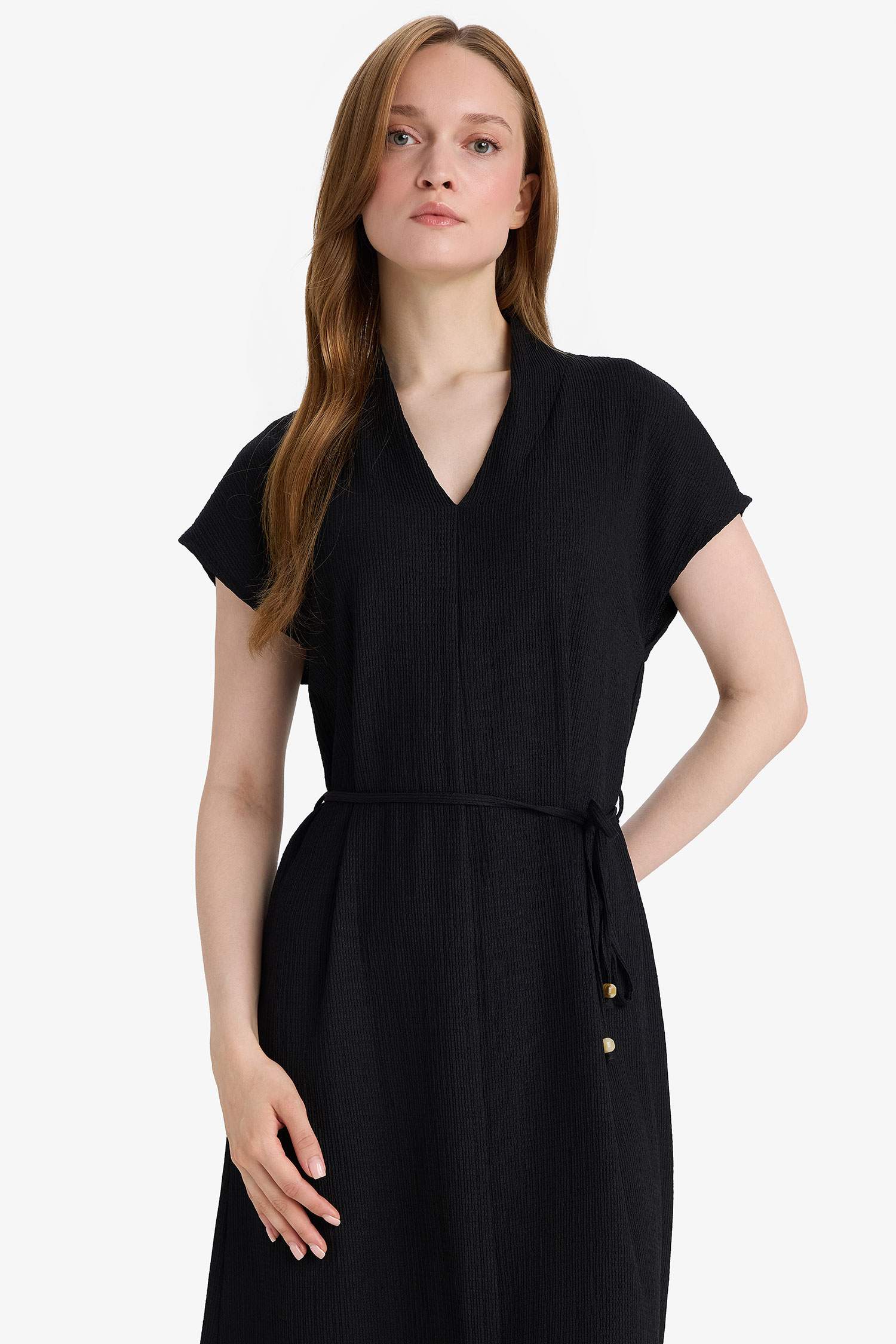 Regular Fit V Yaka Kolsuz Siyah Midi Elbise