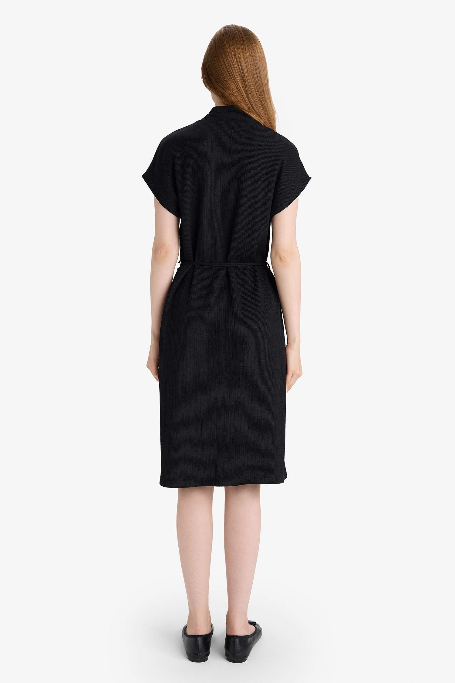 Regular Fit V Yaka Kolsuz Siyah Midi Elbise