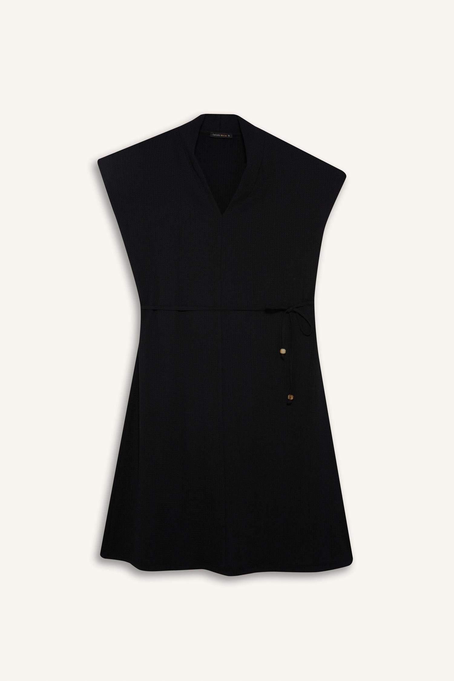 Regular Fit V Yaka Kolsuz Siyah Midi Elbise