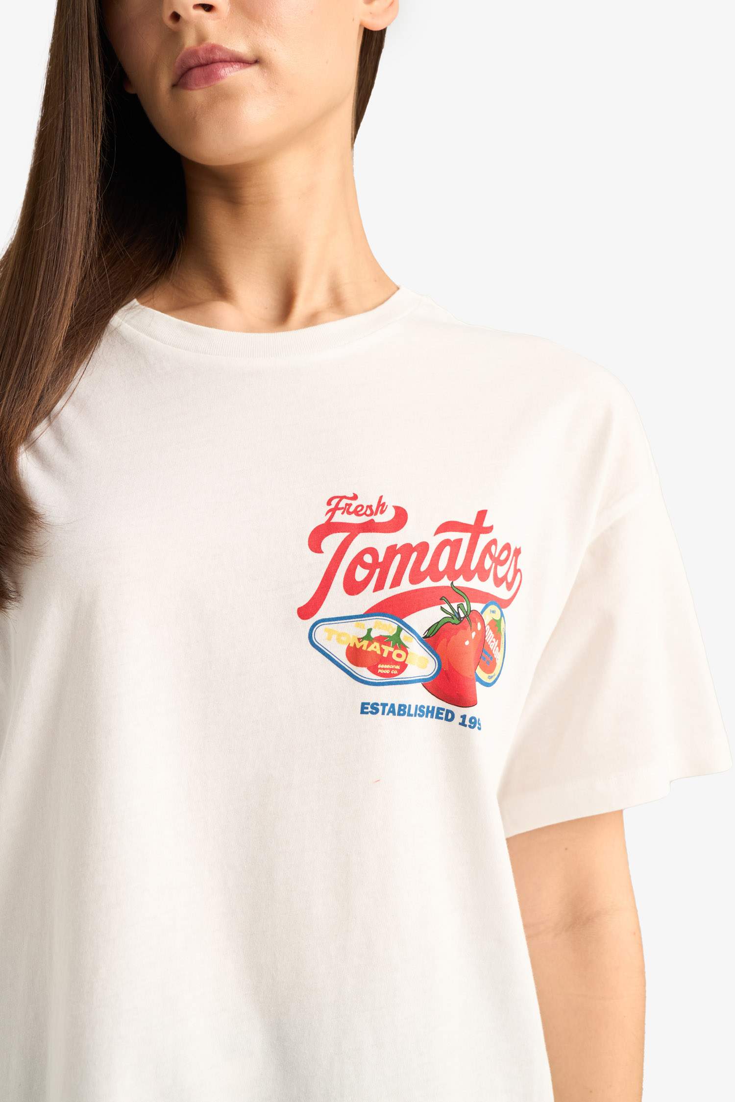 Oversize Geniş Kalıp Bisiklet Yaka Baskılı Kısa Kollu Tişört