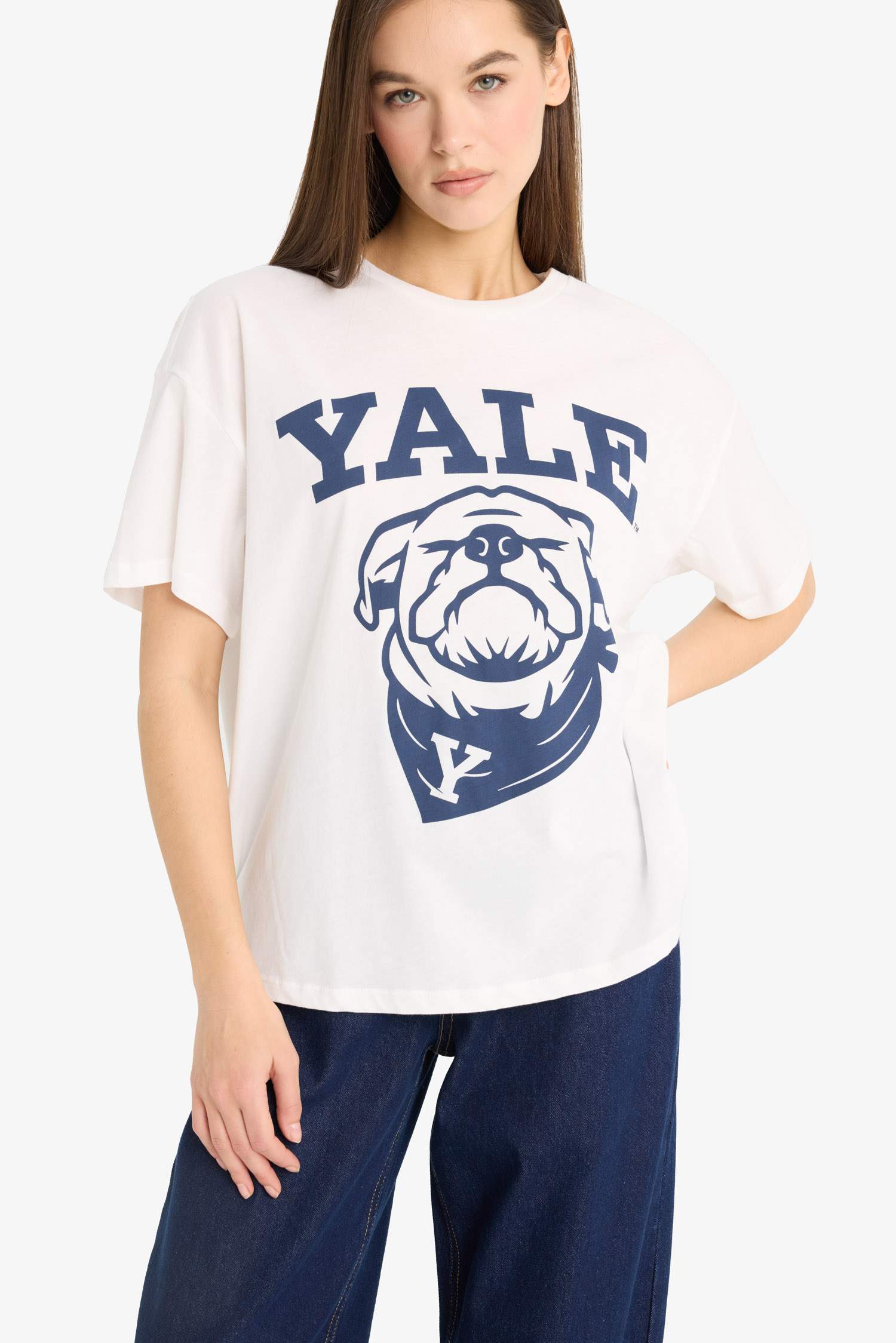 Yale University Oversize Geniş Kalıp Bisiklet Yaka Baskılı Kısa Kollu Tişört