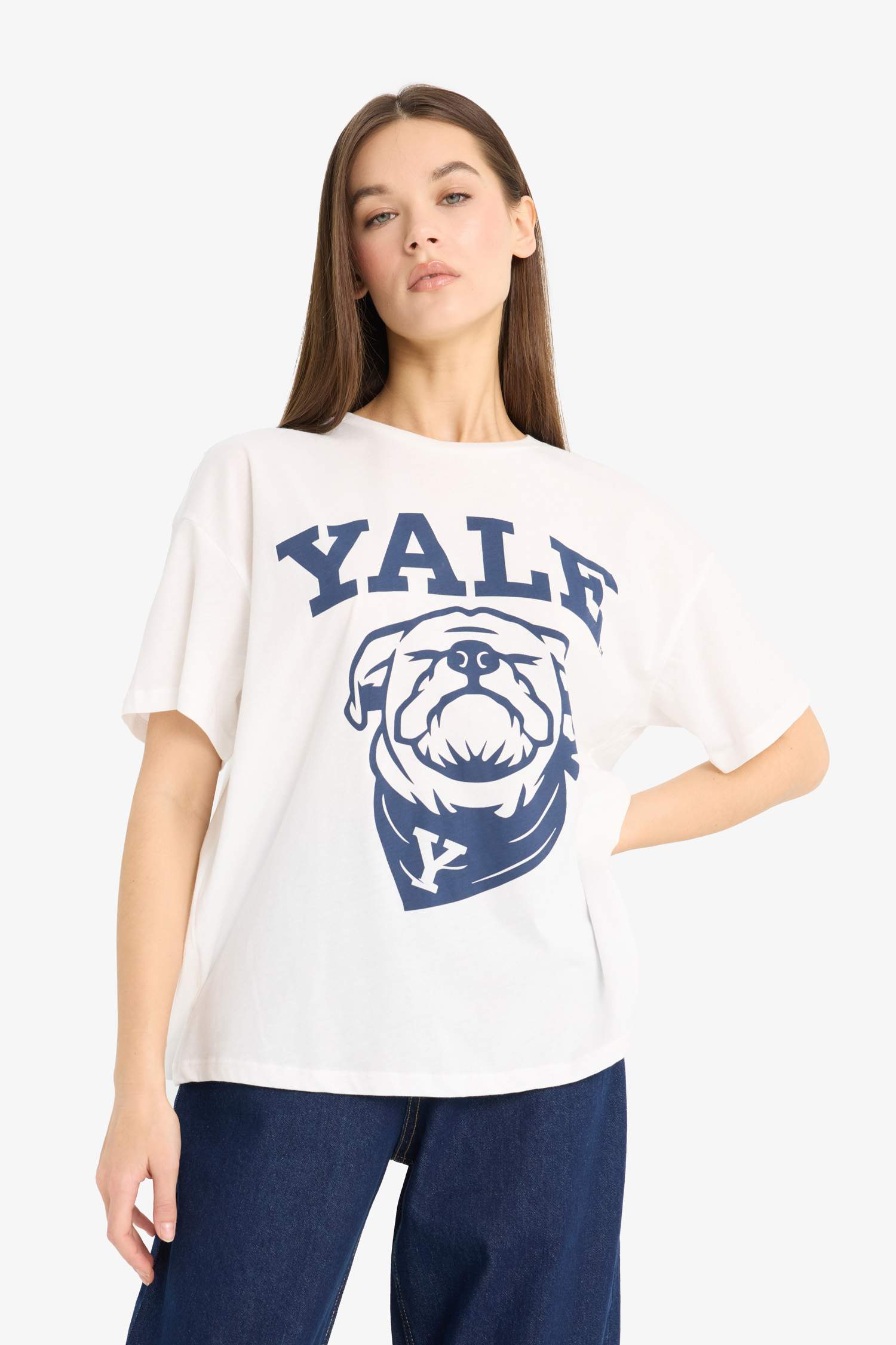 Yale University Oversize Geniş Kalıp Bisiklet Yaka Baskılı Kısa Kollu Tişört