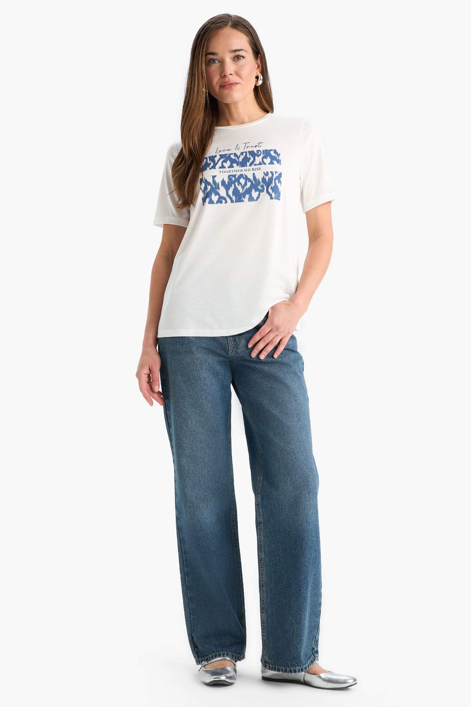 Regular Fit Bisiklet Yaka Baskılı Kısa Kollu Tişört