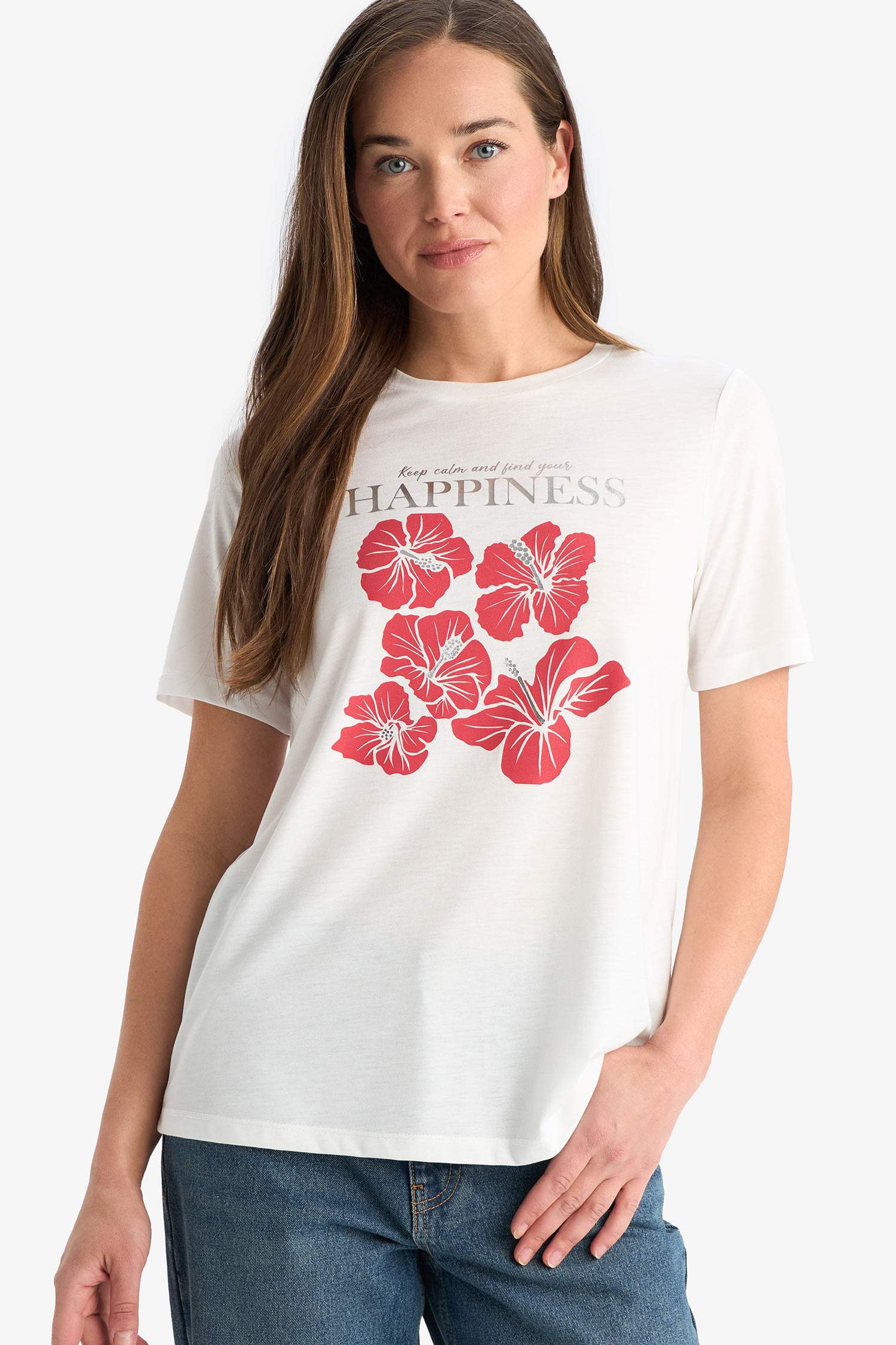 Regular Fit Bisiklet Yaka Baskılı Kısa Kollu Tişört