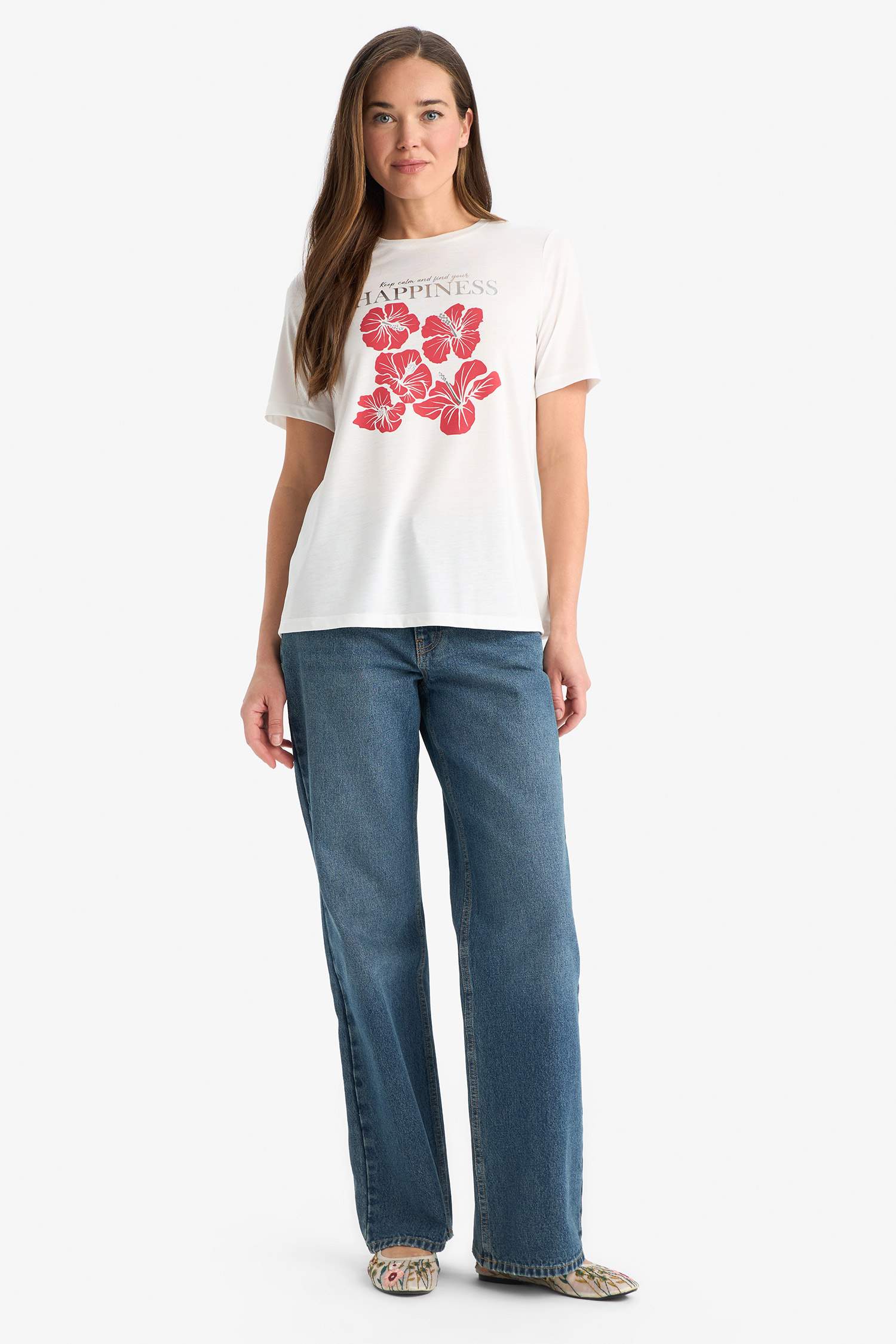 Regular Fit Bisiklet Yaka Baskılı Kısa Kollu Tişört