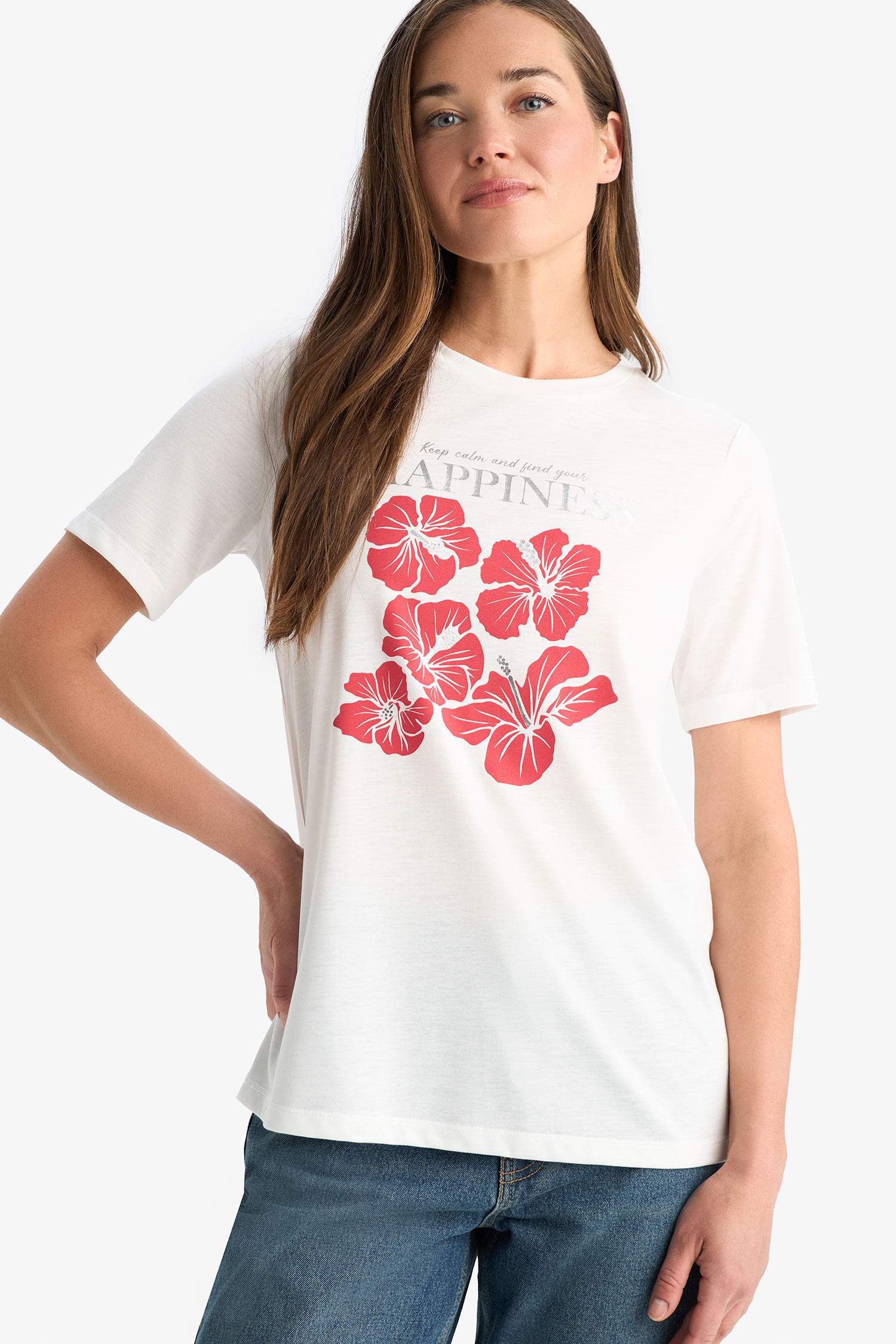 Regular Fit Bisiklet Yaka Baskılı Kısa Kollu Tişört